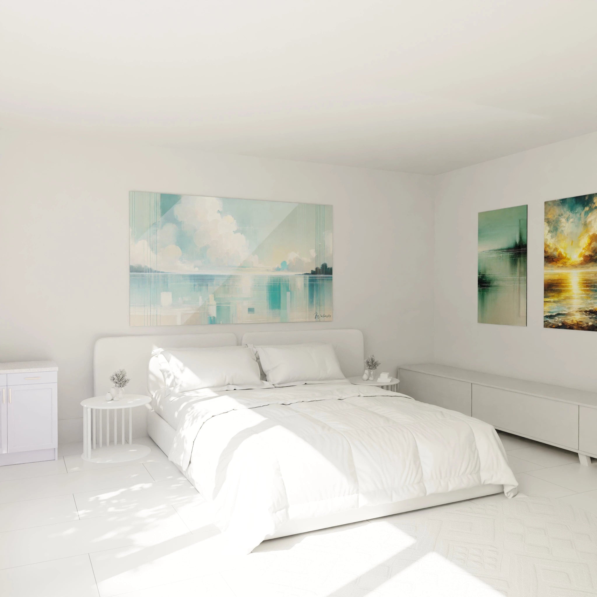 "Le tableau 'Brume d'Azur' apporte une ambiance sereine à cette chambre, ses tons bleu et vert pastel ajoutent une touche de calme et de modernité à la décoration murale."