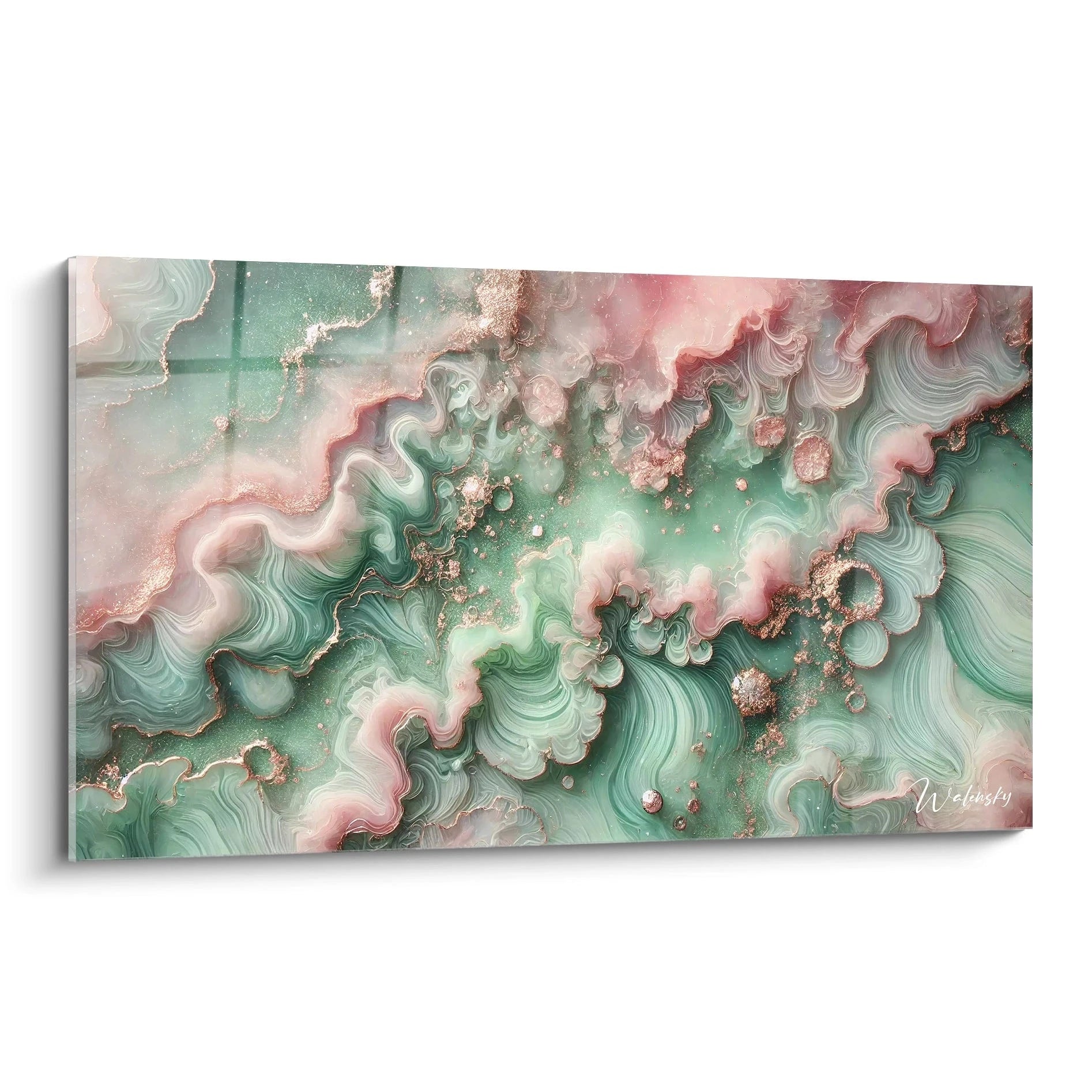 Ce tableau style epoxy présente des nuances subtiles de vert, or rose et blanc, avec des formes fluides qui semblent flotter. Les reflets dorés créent un effet scintillant, invitant à la contemplation.