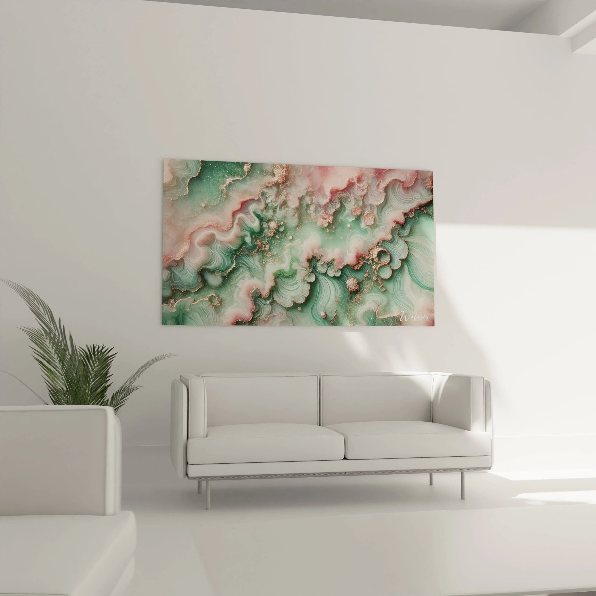 Dans le salon, le tableau style epoxy ajoute une touche d'élégance au-dessus du canapé. Ses teintes de vert et or rose, accompagnées de détails métalliques, apportent une lumière douce et captivante.