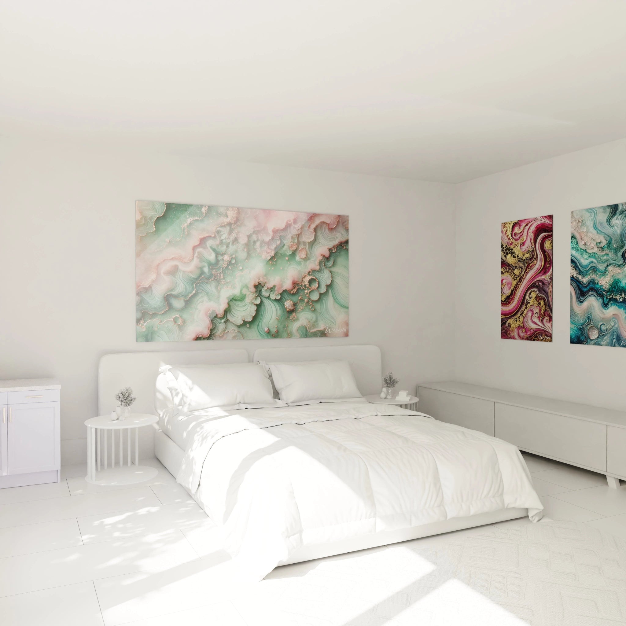 Dans cette chambre, le tableau style epoxy, suspendu au-dessus du lit, apporte une ambiance apaisante. Les couleurs douces de vert et or rose s'harmonisent parfaitement pour créer une atmosphère sereine.