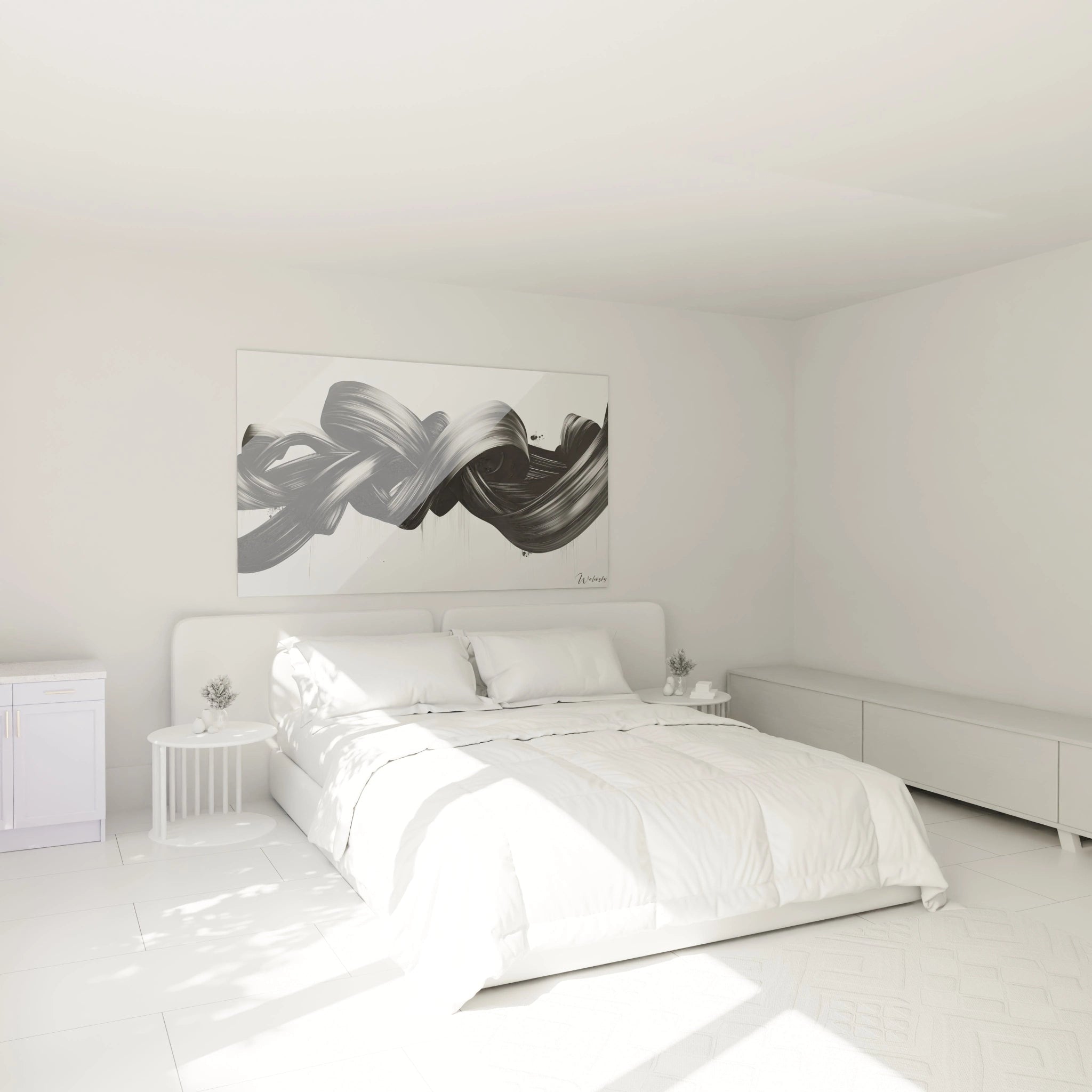 Un tableau rayures noir et blanc minimaliste montrant un ruban calligraphique qui traverse l'espace avec élégance. Les formes noires créent une chorégraphie visuelle sur fond immaculé, avec des variations d'épaisseur et des traces légères de gouttes qui ajoutent de la texture à la composition monochrome.