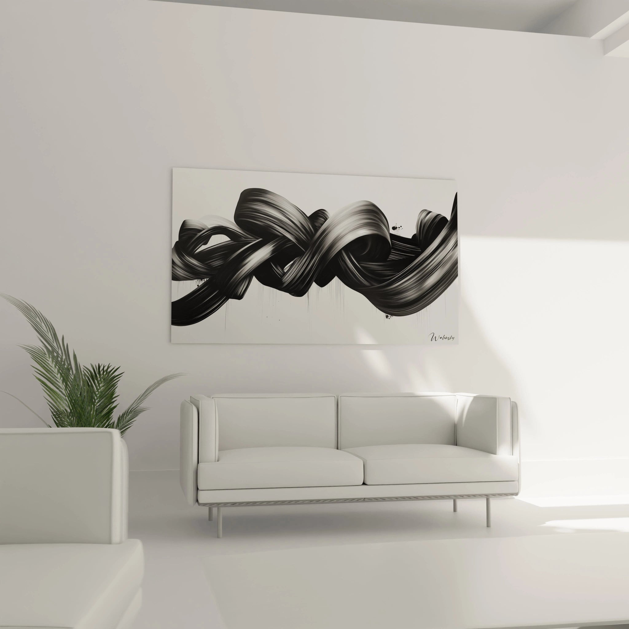 Un tableau rayures noir et blanc abstrait capturant un geste ample et énergique. Les bandes sombres s'enroulent et se déroulent dans un mouvement continu, créant un équilibre entre force et légèreté. Surface texturée révélant les nuances subtiles de noir et de gris sur fond blanc lumineux.