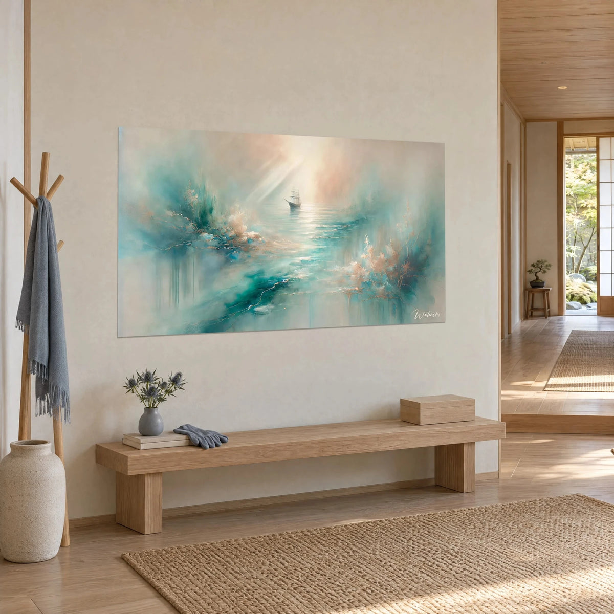 Schilderij van een driemaster verzonken in de mist, zeegroen water en koperkleurig koraal met fijne gouden aderen, opgehangen in een japandi hal