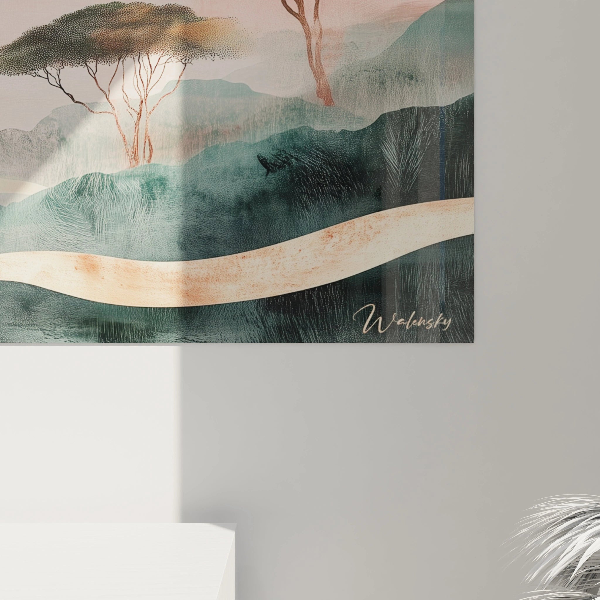 Un tableau paysage impressionniste figurant un chemin pastoral enveloppé de brume matinale. Composé de teintes délicates de rose, turquoise et blanc opalescent, l'œuvre se distingue par ses transitions fluides et sa texture légère évoquant un monde entre rêve et réalité.