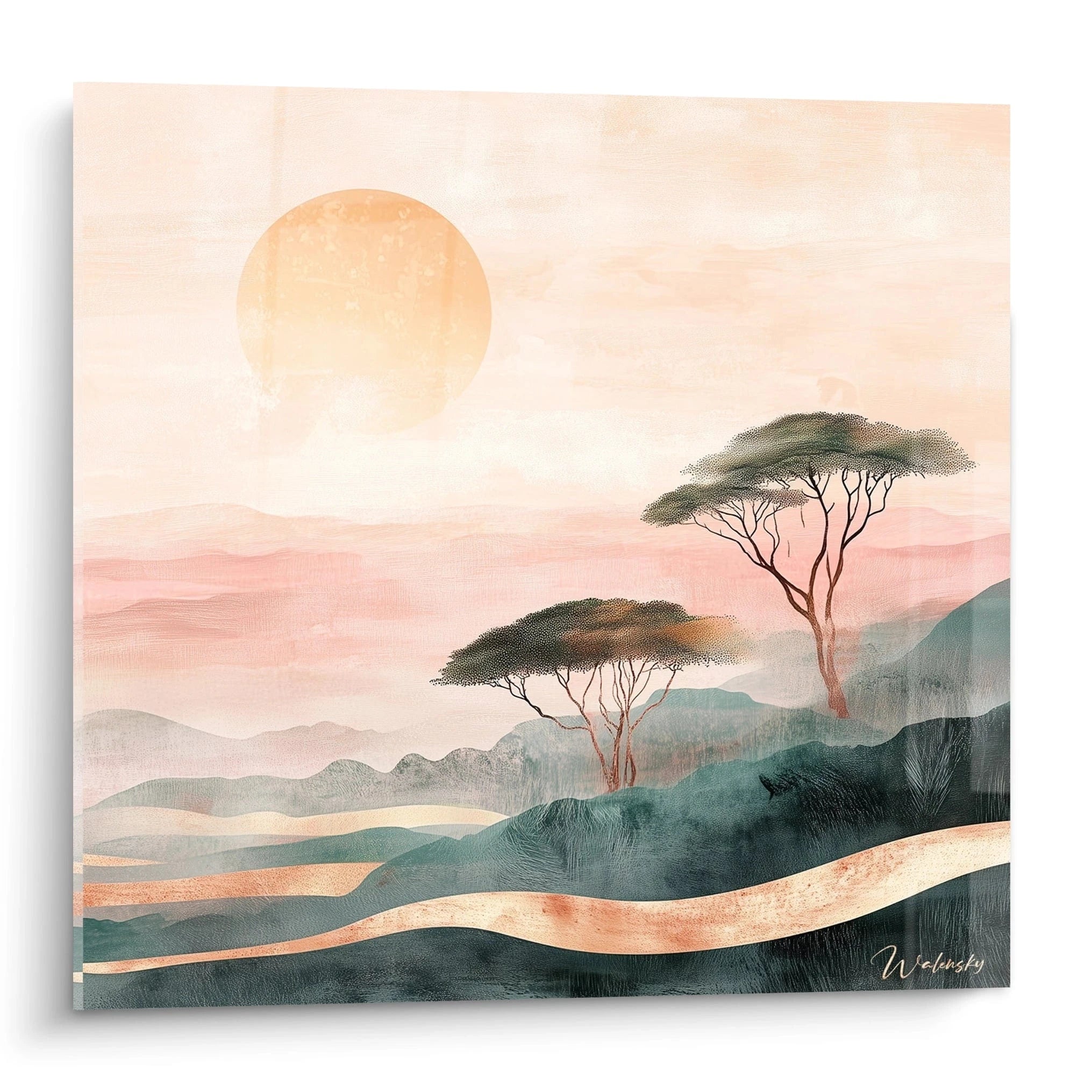 Un tableau paysage brumeux représentant un chemin sinueux bordé de fleurs blanches, avec des teintes douces de rose, bleu turquoise et blanc. Les textures vaporisées créent une atmosphère éthérée où des silhouettes d'arbres se devinent à l'horizon.