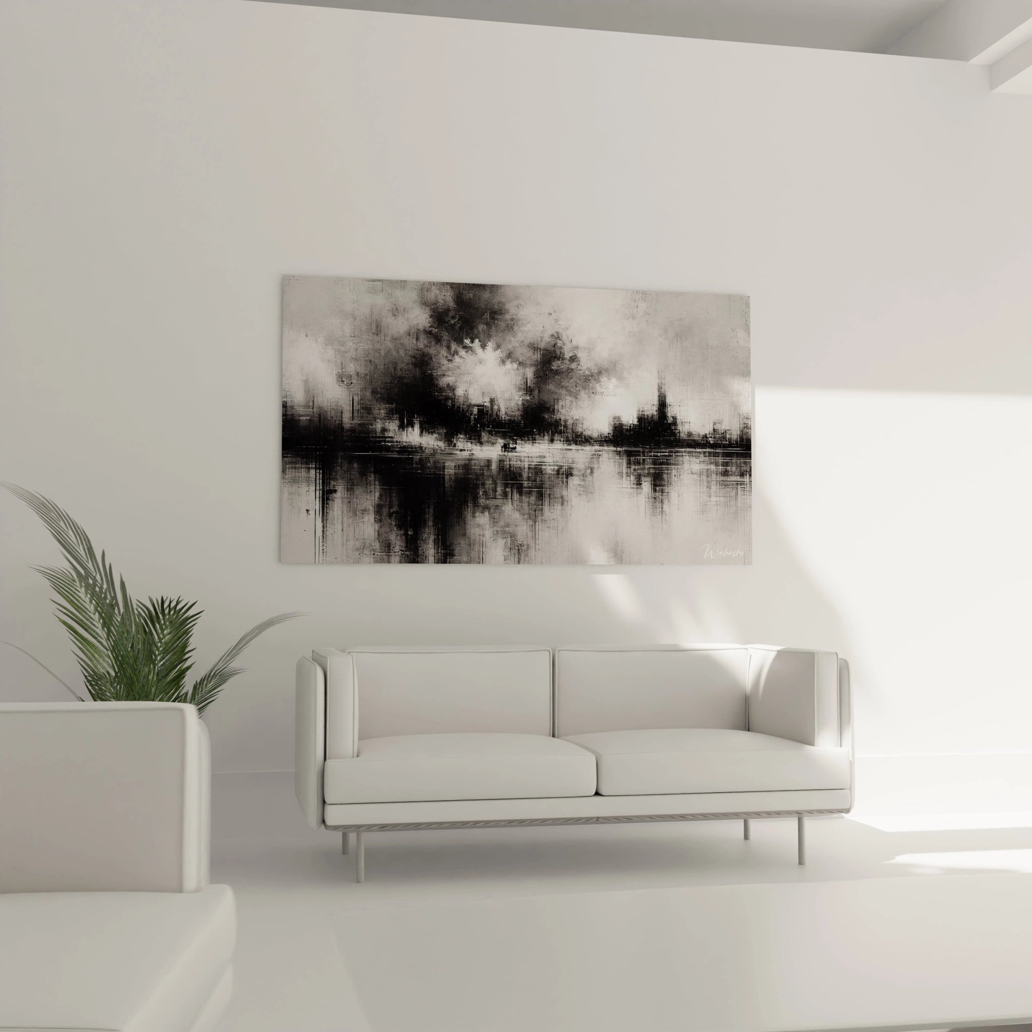 "Tableau 'Brumes Urbaines' au-dessus du canapé dans le salon. Les textures riches et la profondeur des tons monochromes apportent un style contemporain et sophistiqué à l'espace de vie."