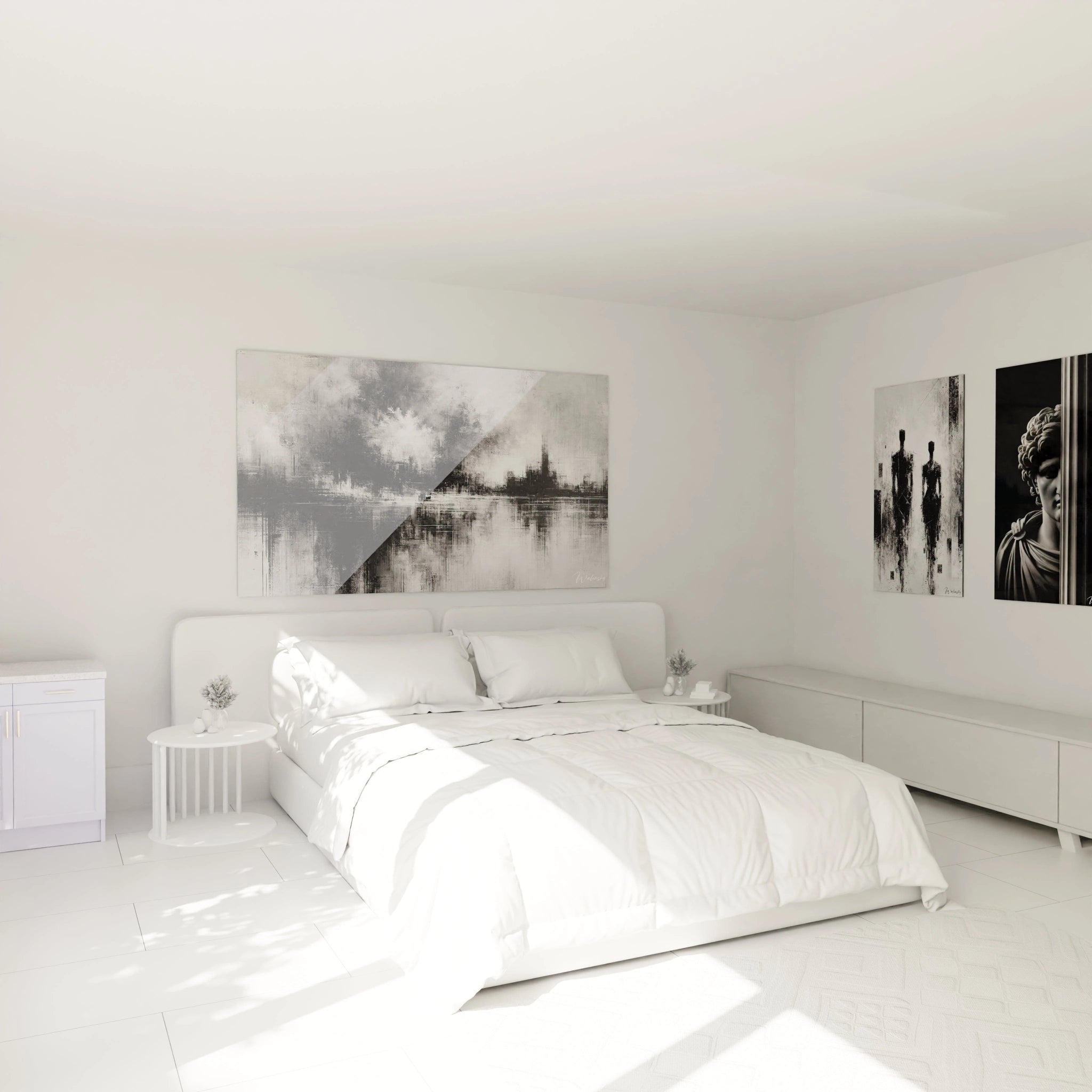 "Tableau 'Brumes Urbaines' accroché au-dessus du lit. La composition en noir, blanc et gris ajoute une touche urbaine et élégante, parfaite pour créer une ambiance apaisante dans la chambre."