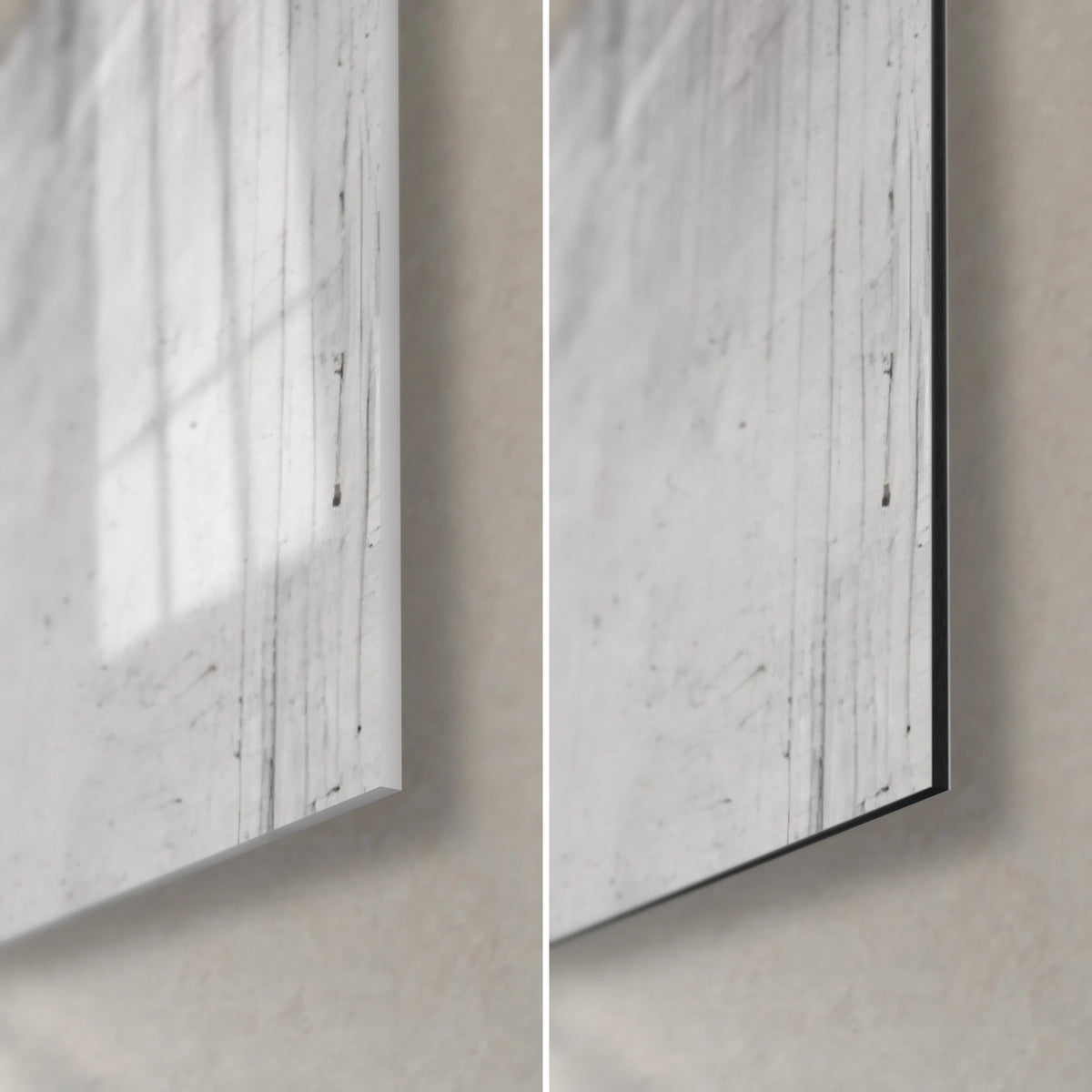 Wall art misty urban landscape, bottom right corner: glossy glass on the left, matte Dibond on the right, black and grey, 3 mm edge