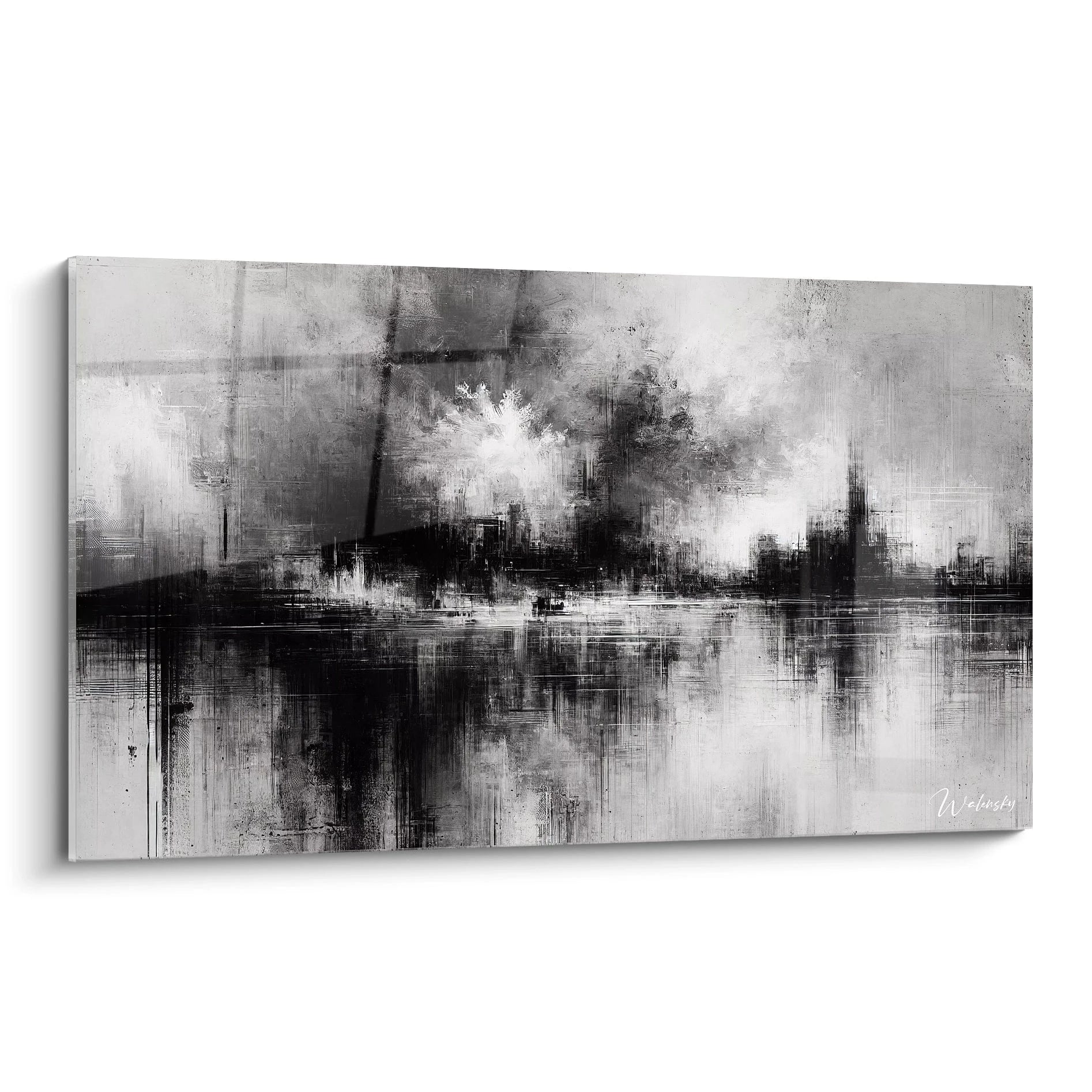 "Tableau abstrait 'Brumes Urbaines' en vue de biais. Des nuances monochromes et des traits géométriques évoquent la ville en brume, créant une atmosphère mystérieuse et surréelle."