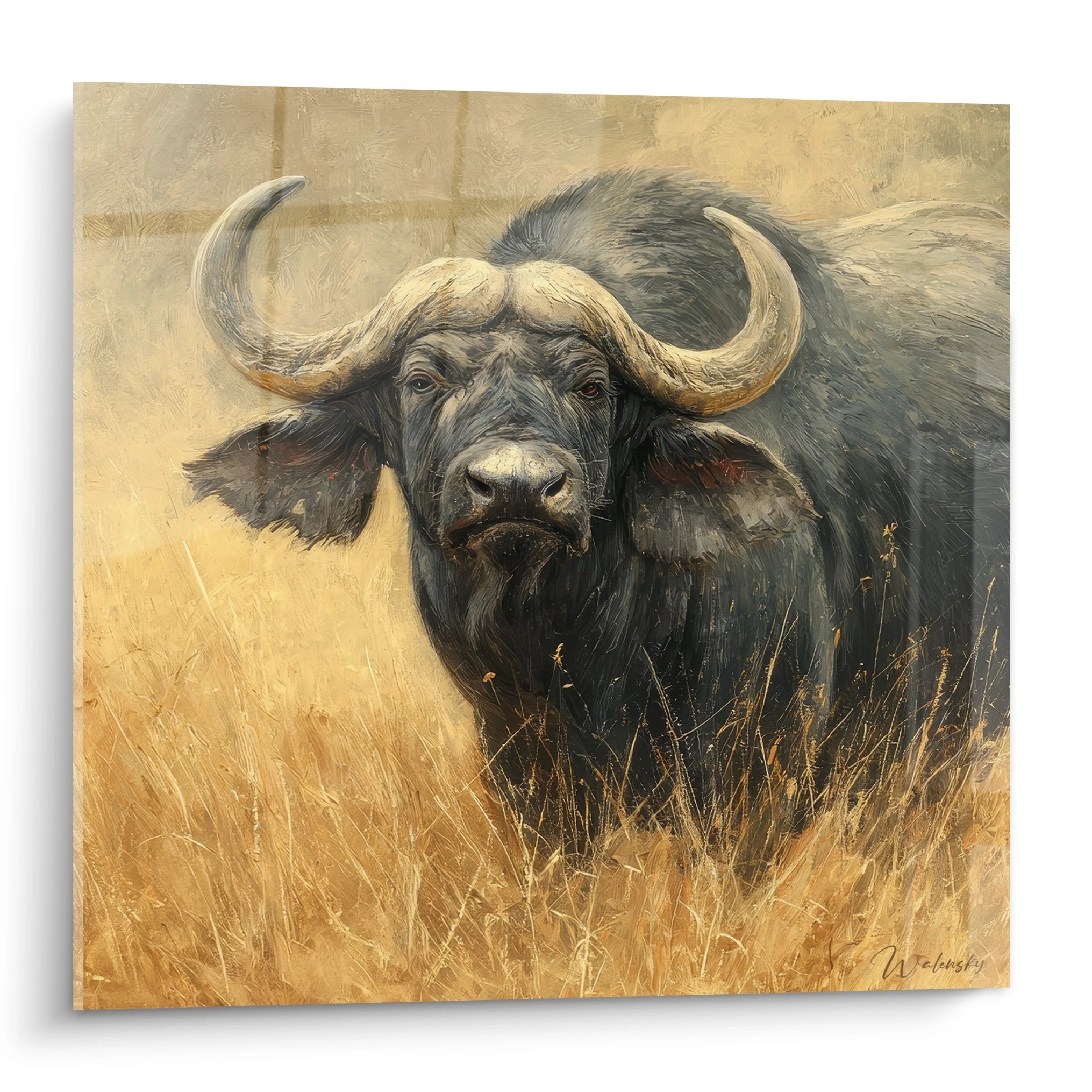 Tableau mural buffle africain majestueux dans les hautes herbes dorées - art animalier réaliste