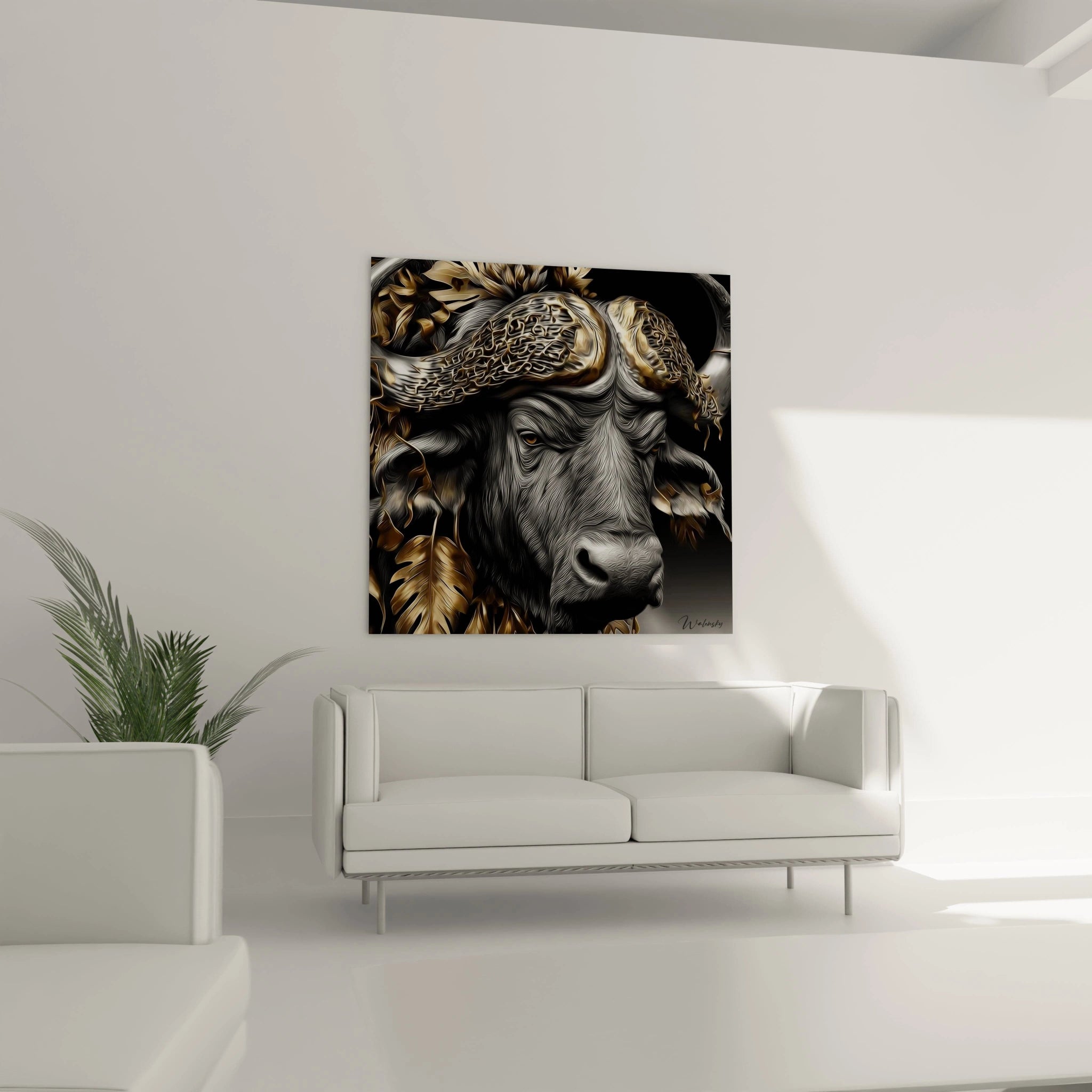 Gros plan tableau buffle africain détails dorés cornes massives art mural wildlife
