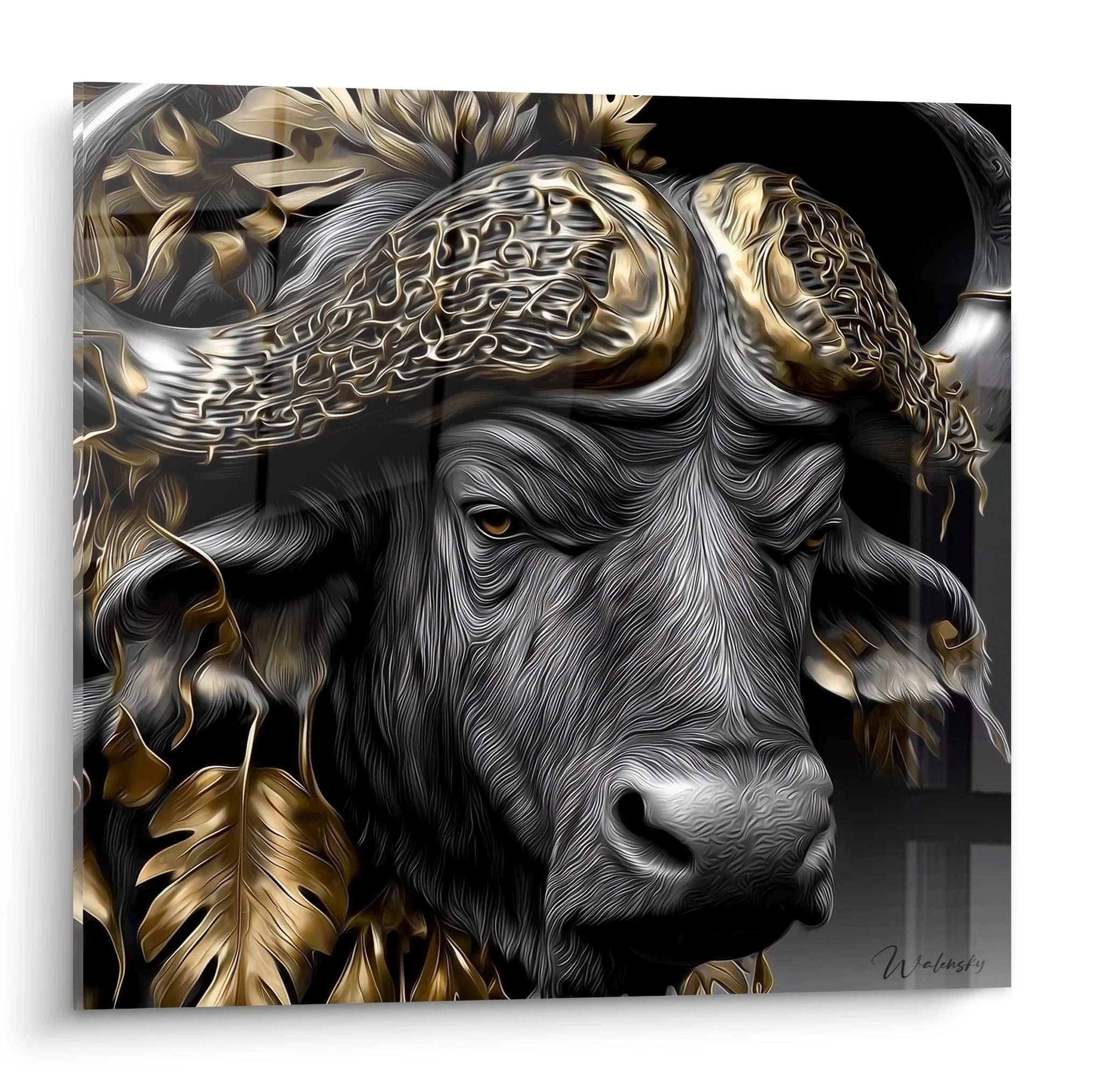 Tableau mural buffle africain avec cornes dorées et feuilles décoratives édition l'or noir