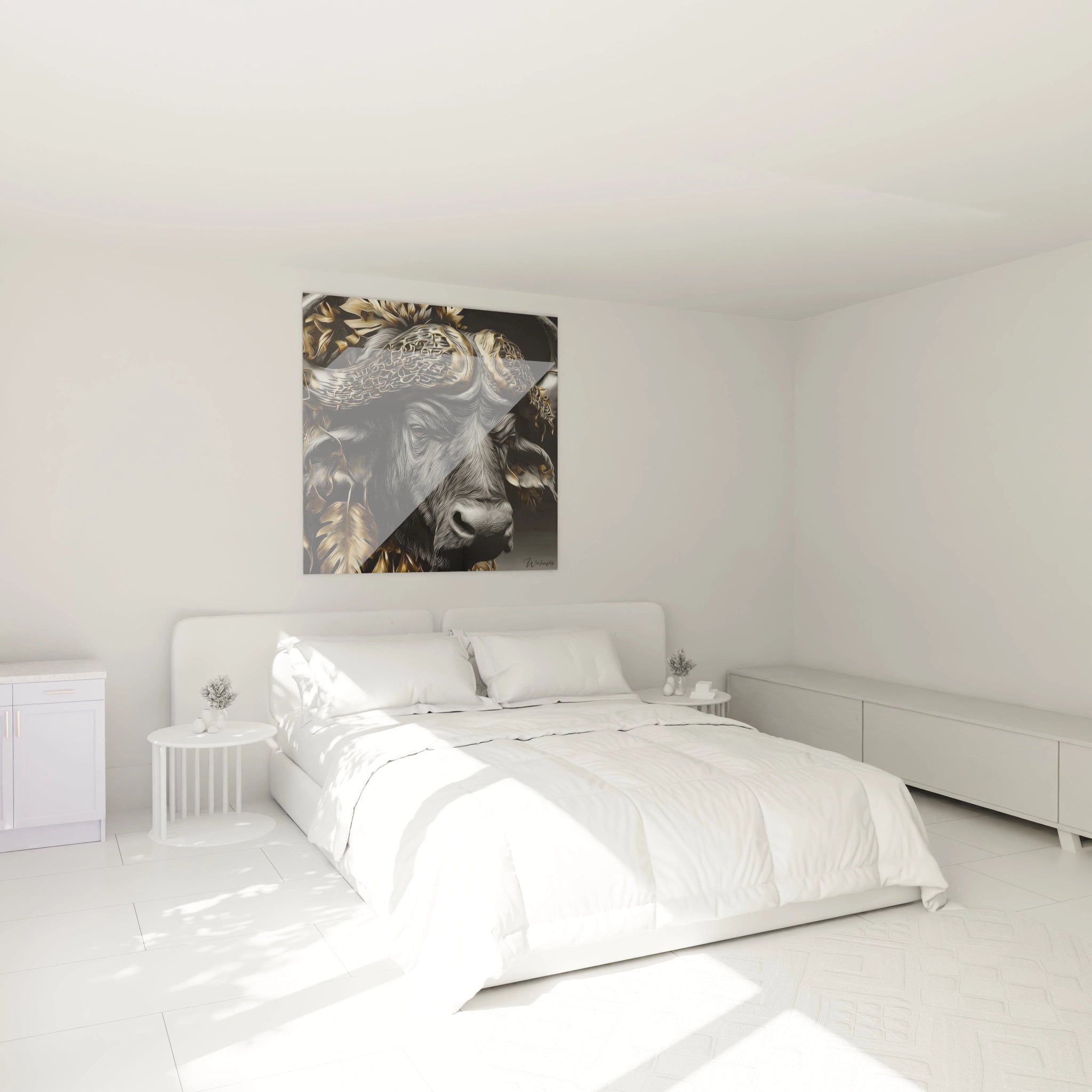 Tableau buffle africain doré dans chambre moderne décoration murale animalière