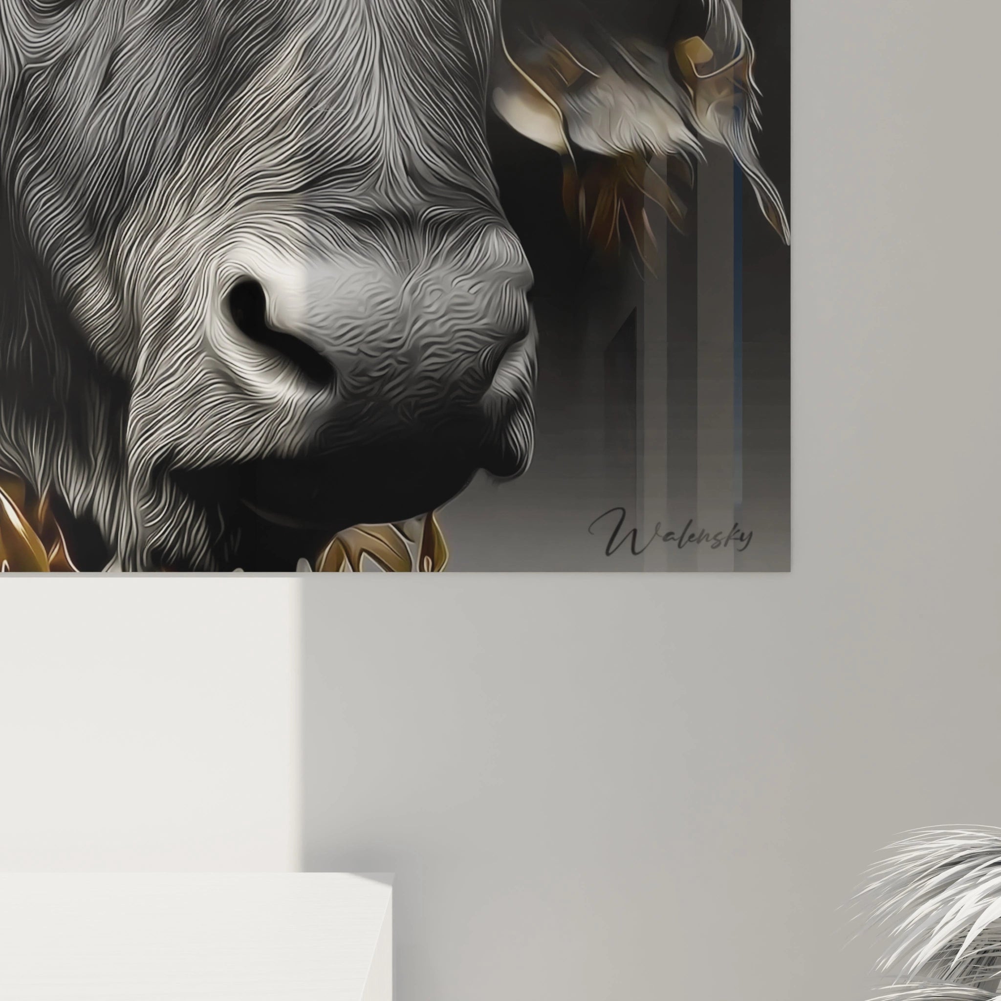 Vue ensemble tableau mural buffle africain doré décoration intérieure safari chic