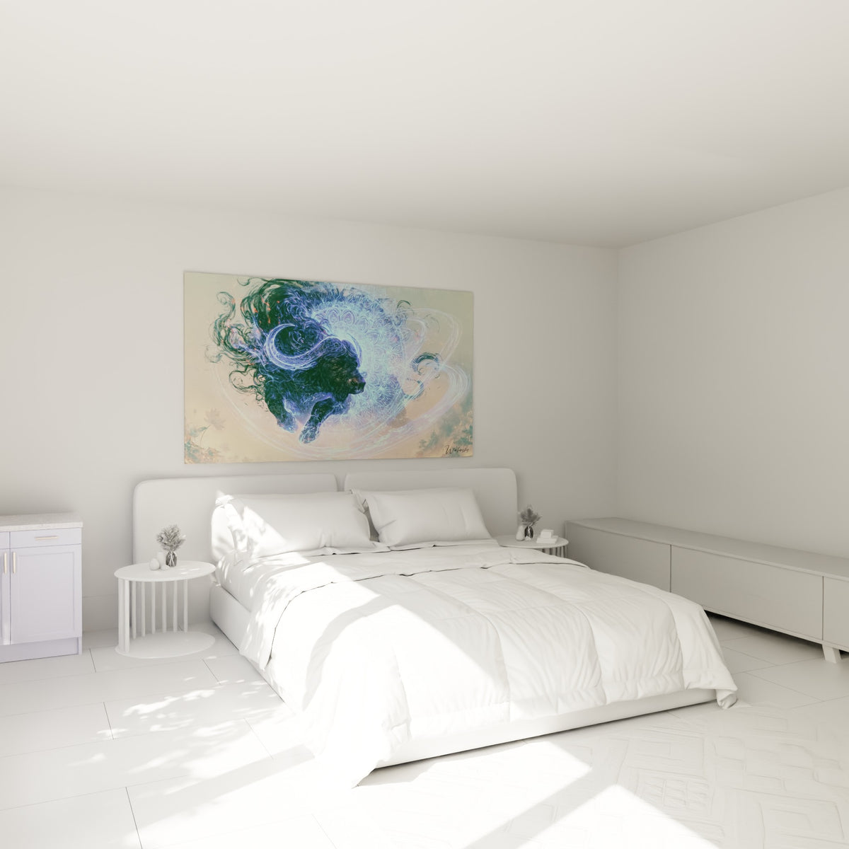 Silhouette du Buffle noir et turquoise dans un mandala mystique, accrochée au-dessus d'un lit dans une chambre claire