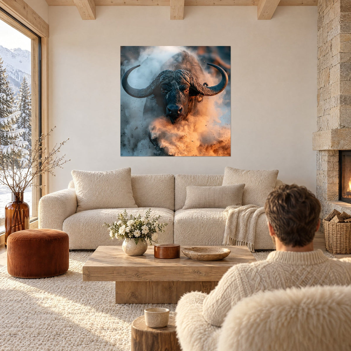 Quadro bufalo nero dalle corna ricurve in una nuvola di polvere ramata e azzurrata, sopra un divano in un soggiorno luminoso