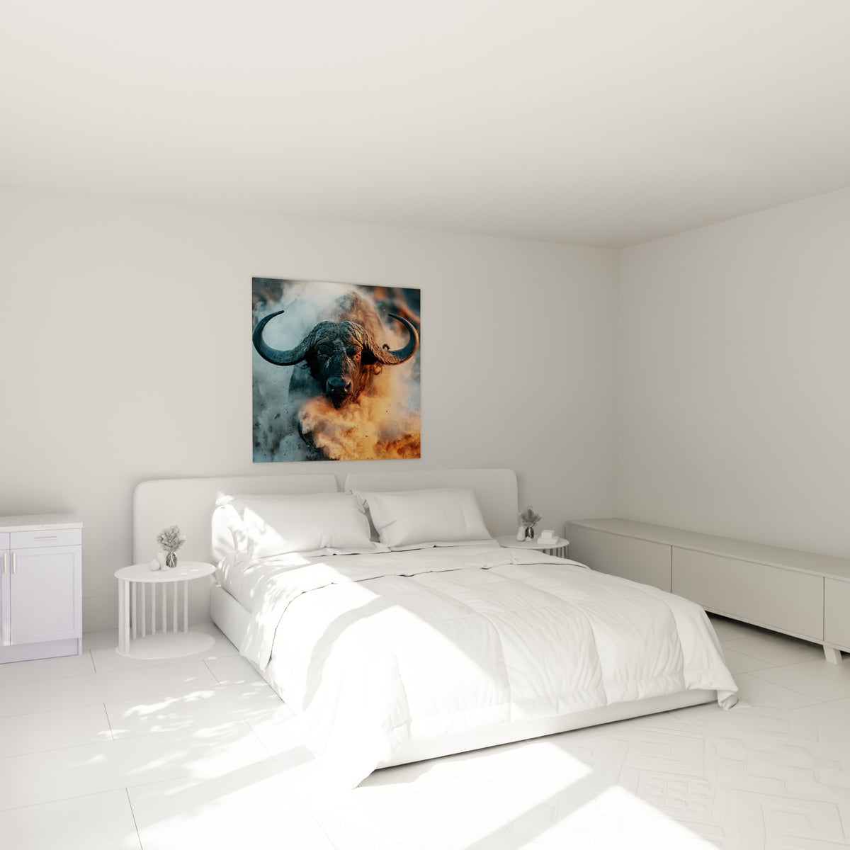Cette charge de buffle fauve et gris fumé domine le mur au-dessus d'un lit dans une chambre claire