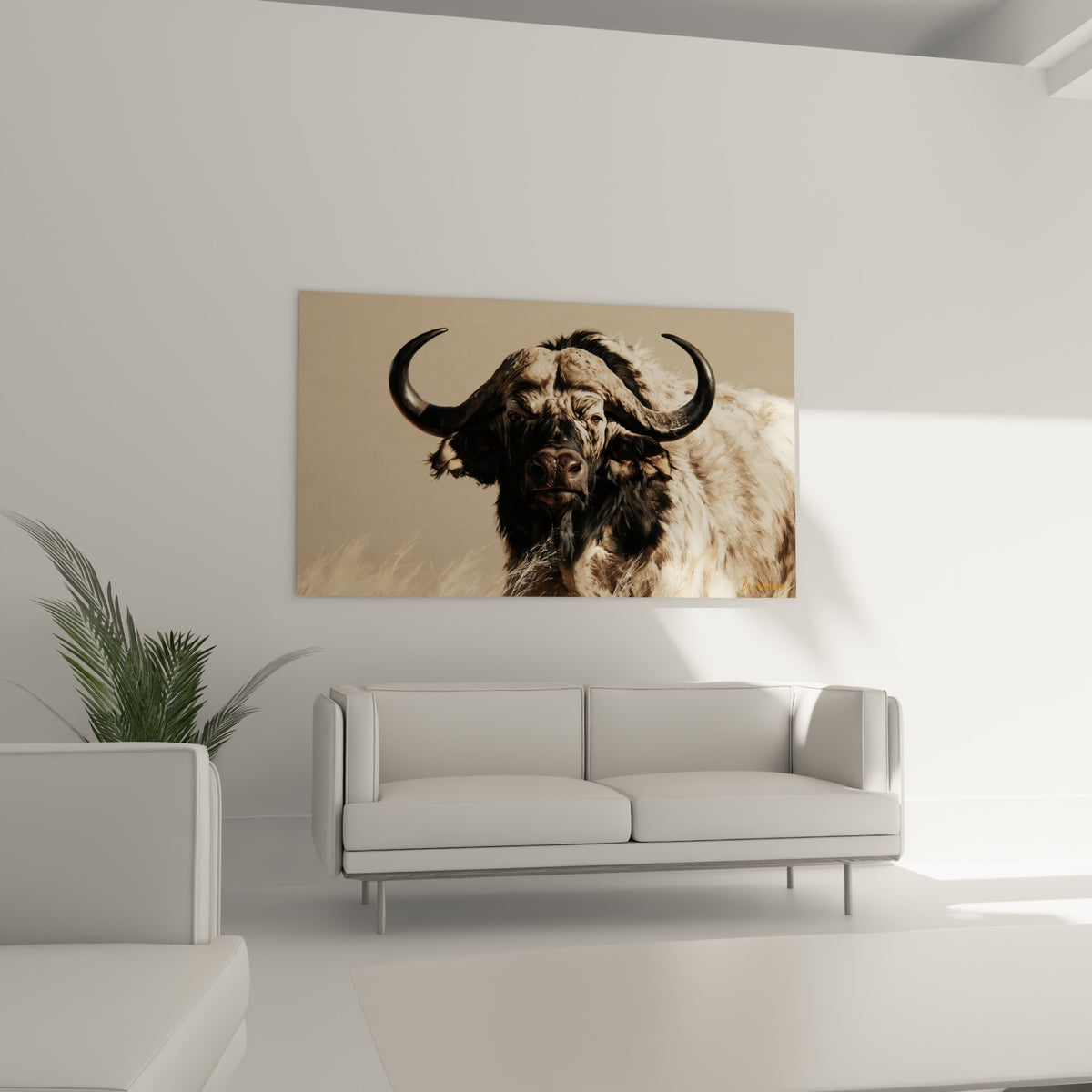 Regard puissant du buffle sable et anthracite, tableau suspendu au-dessus d'un canapé dans un salon lumineux