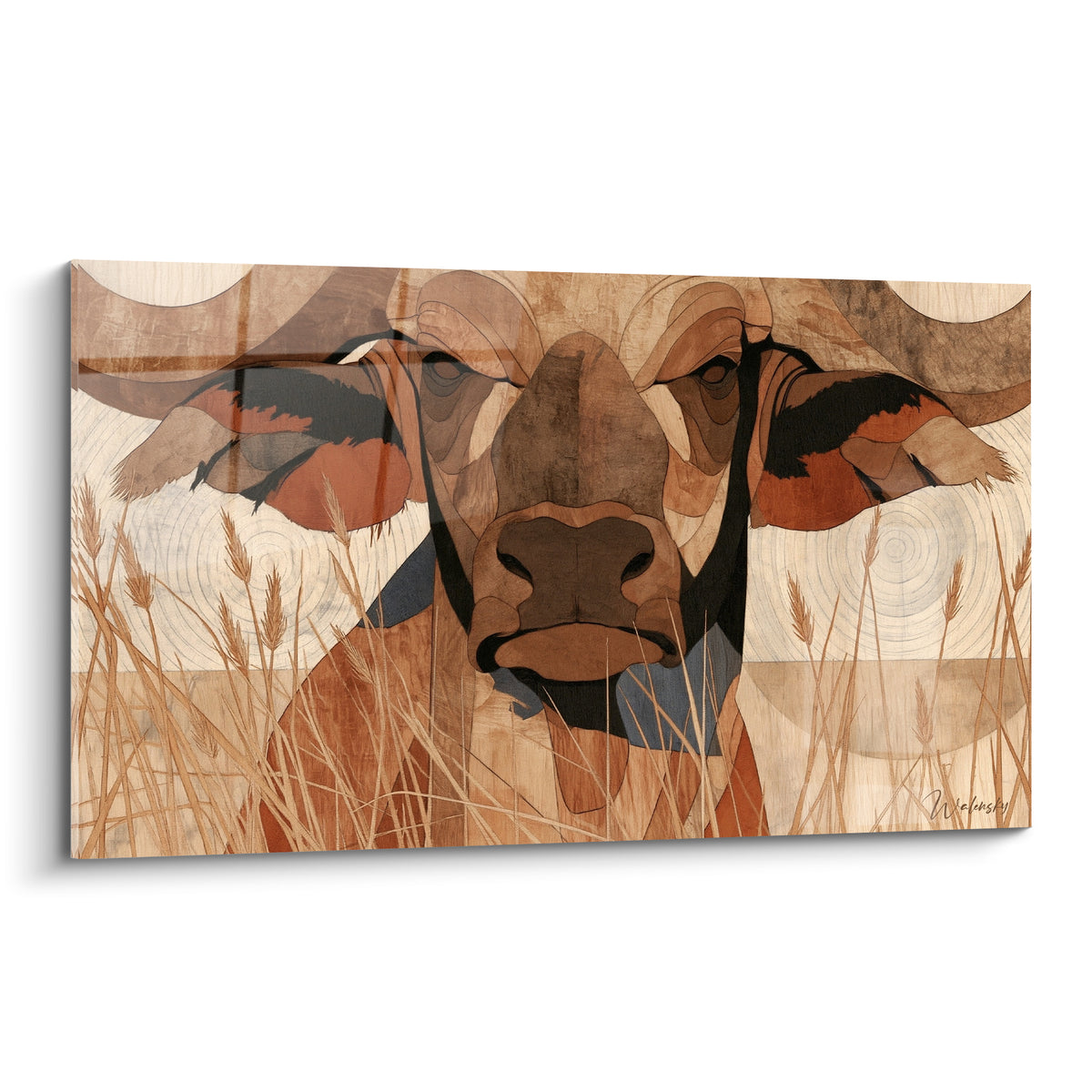 Buffle brun et terracotta au regard intense, cornes anthracite, fond texturé façon bois