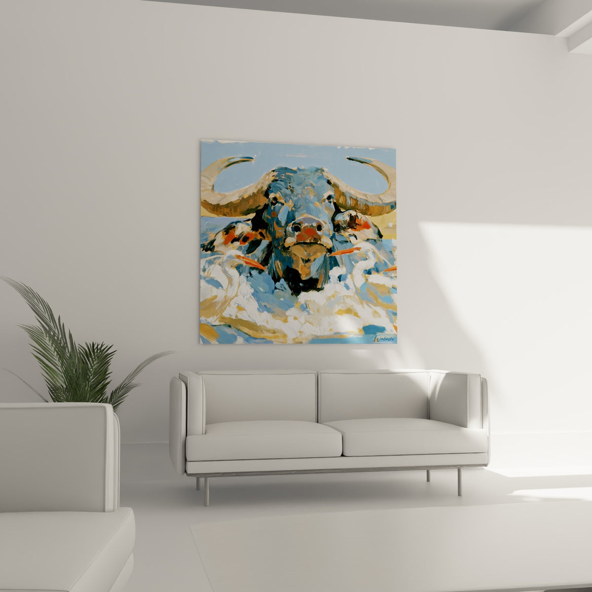 Cornes dorées et regard sombre du buffle bleu accrochés au-dessus d'un canapé dans un salon lumineux