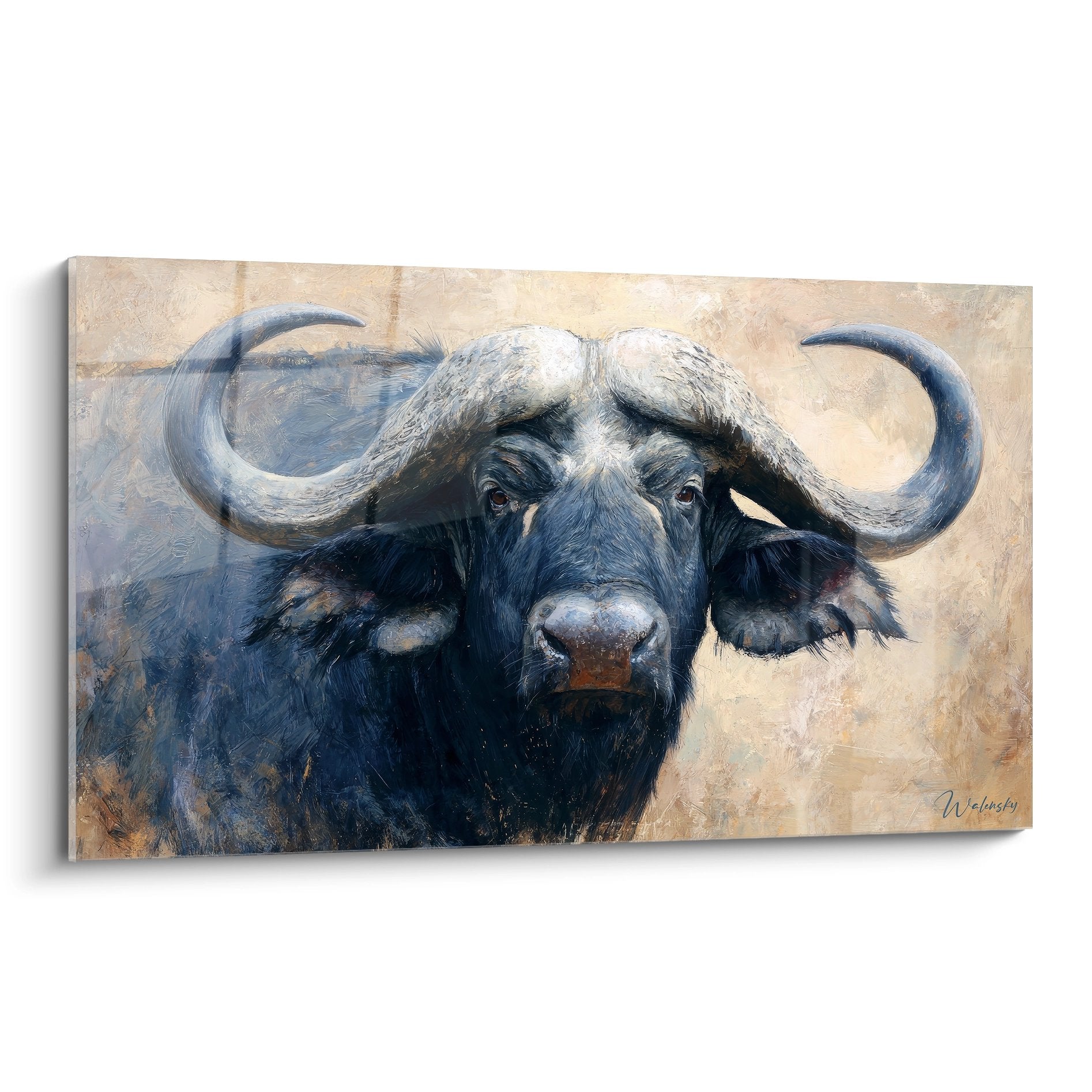 Tableau mural buffle aux cornes imposantes regard intense peinture animalière réaliste