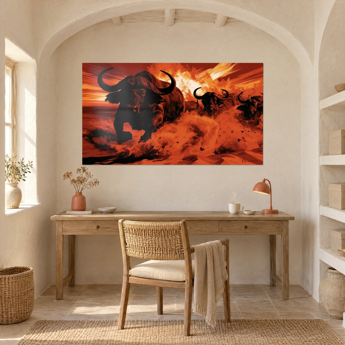Wall art African bull with a dark gaze, ochre sand flying and fiery red sky, hung above a light wood desk