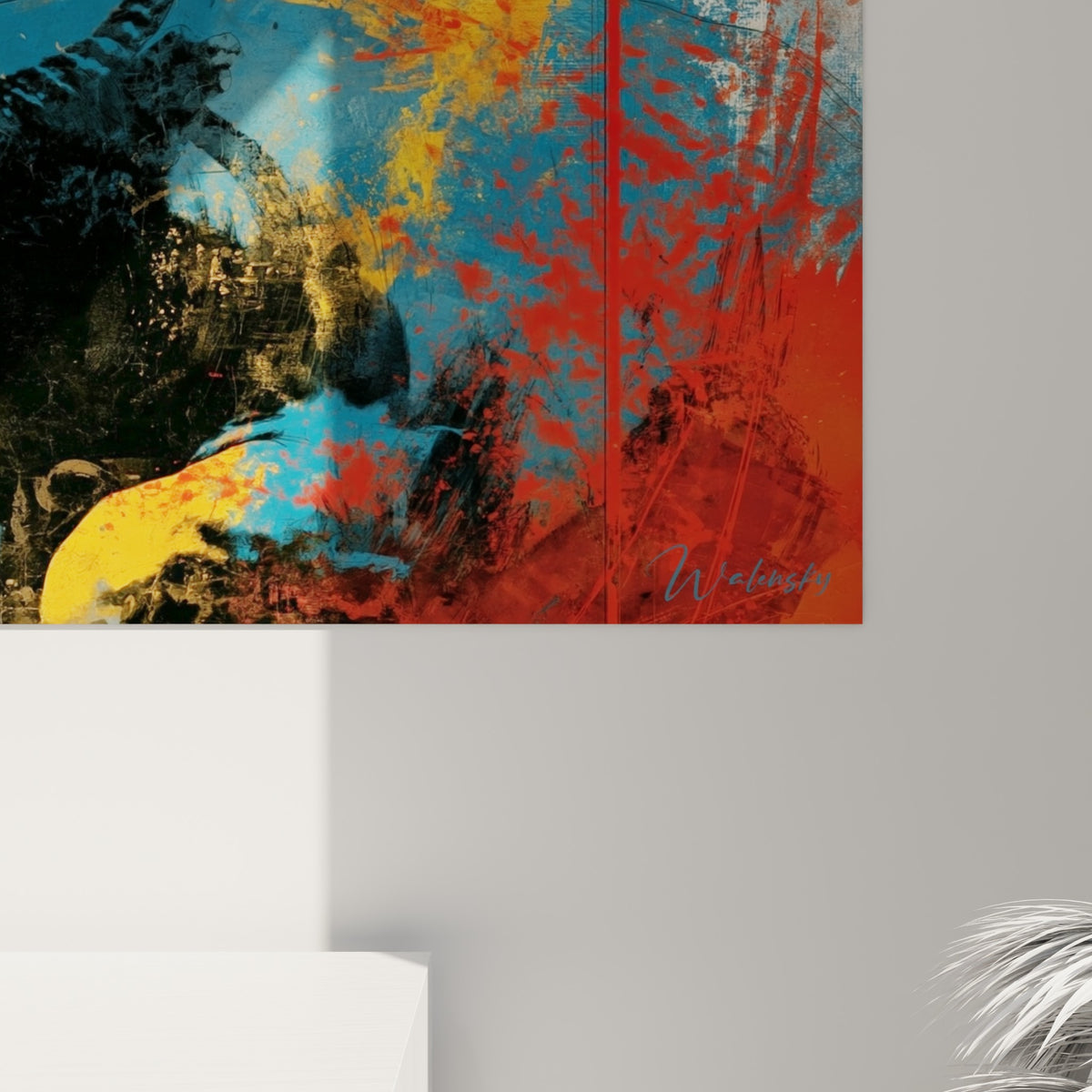 Coulures de peinture rouge et jaune près du museau du buffle bleu marine, empâtements visibles