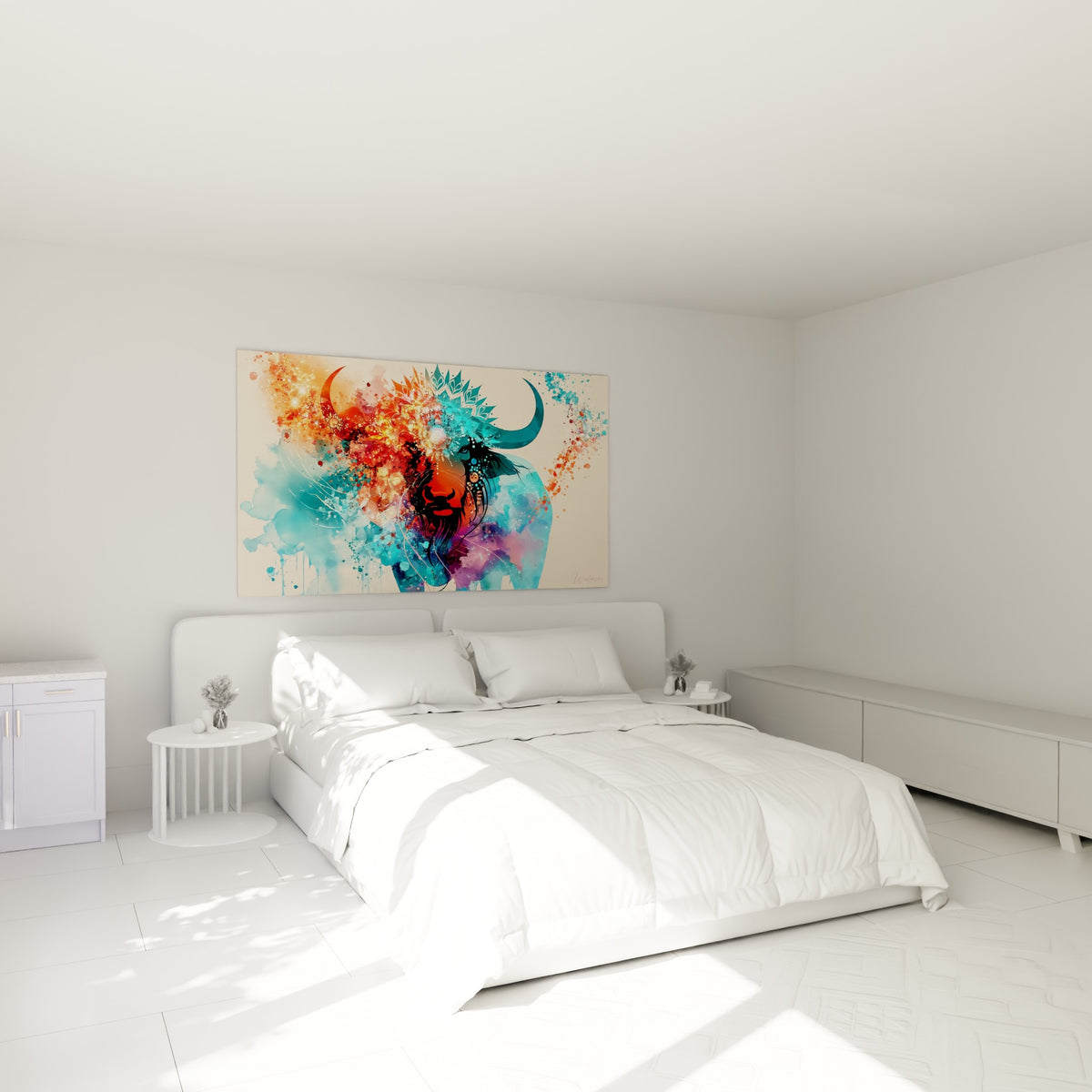 Silhouette de buffle bleu pétrole et corail, mandala floral au front, au-dessus d'un lit dans une chambre claire.