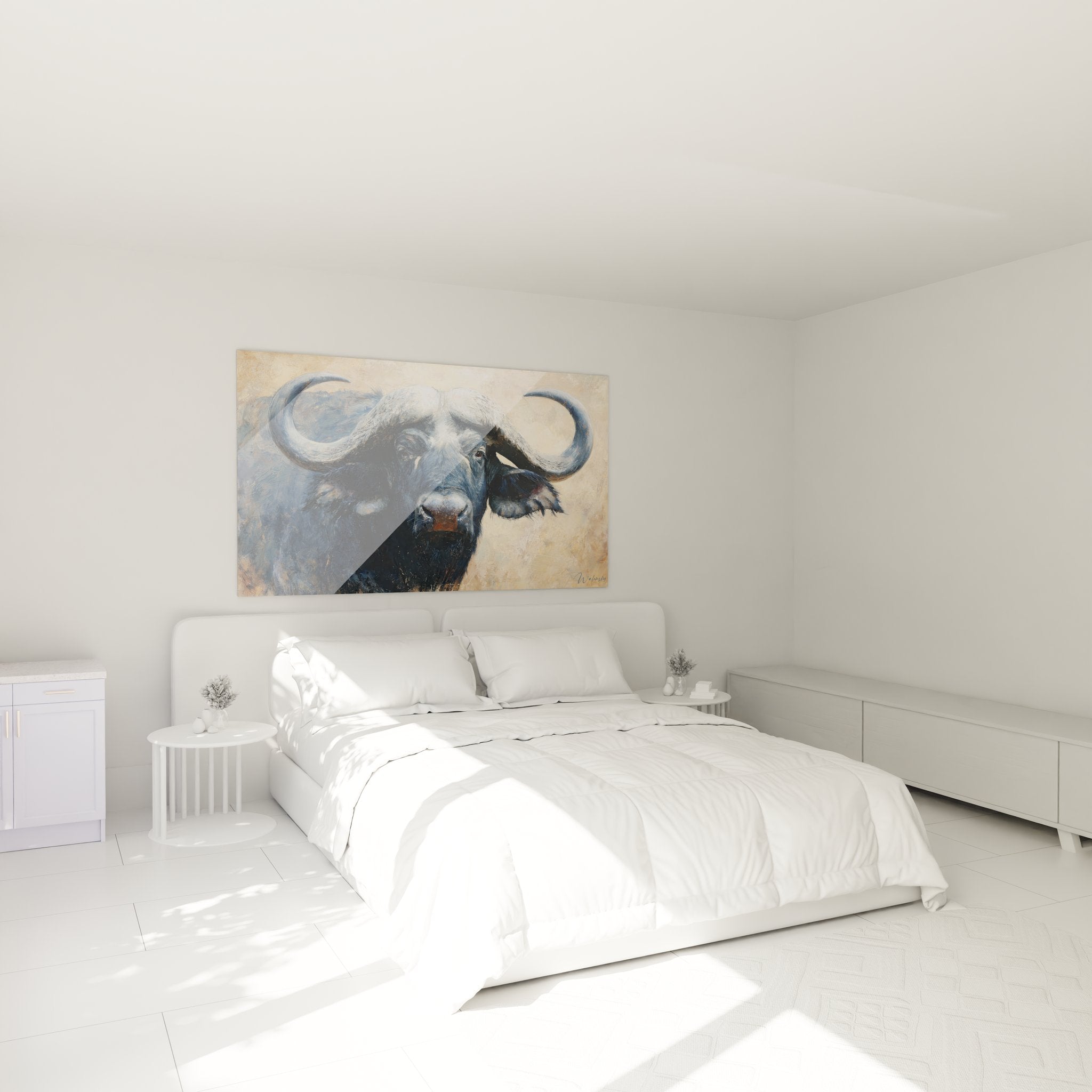 Tableau buffle décoratif dans chambre ambiance naturelle art animalier mural