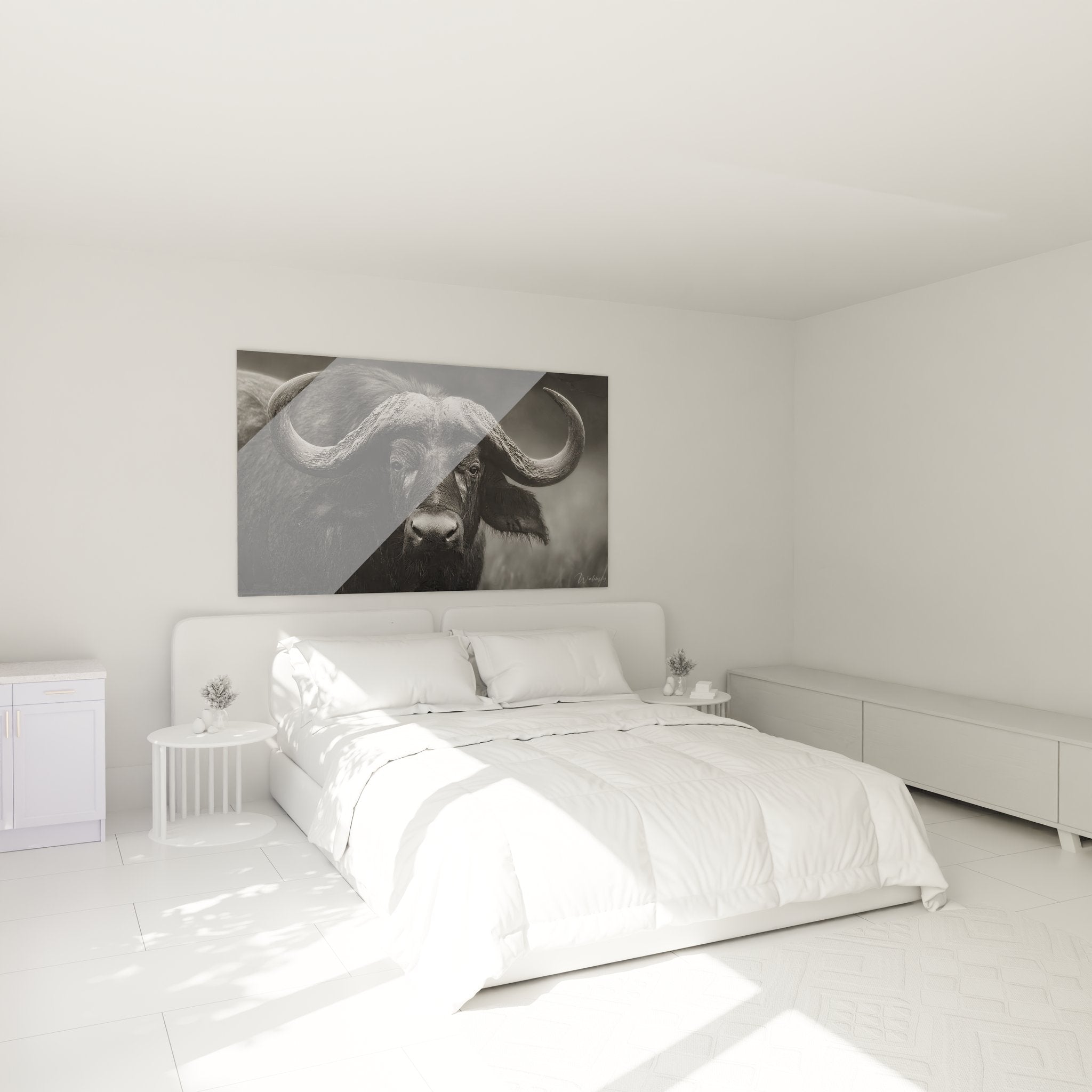 Décoration chambre avec tableau buffle noir et blanc au-dessus du lit moderne