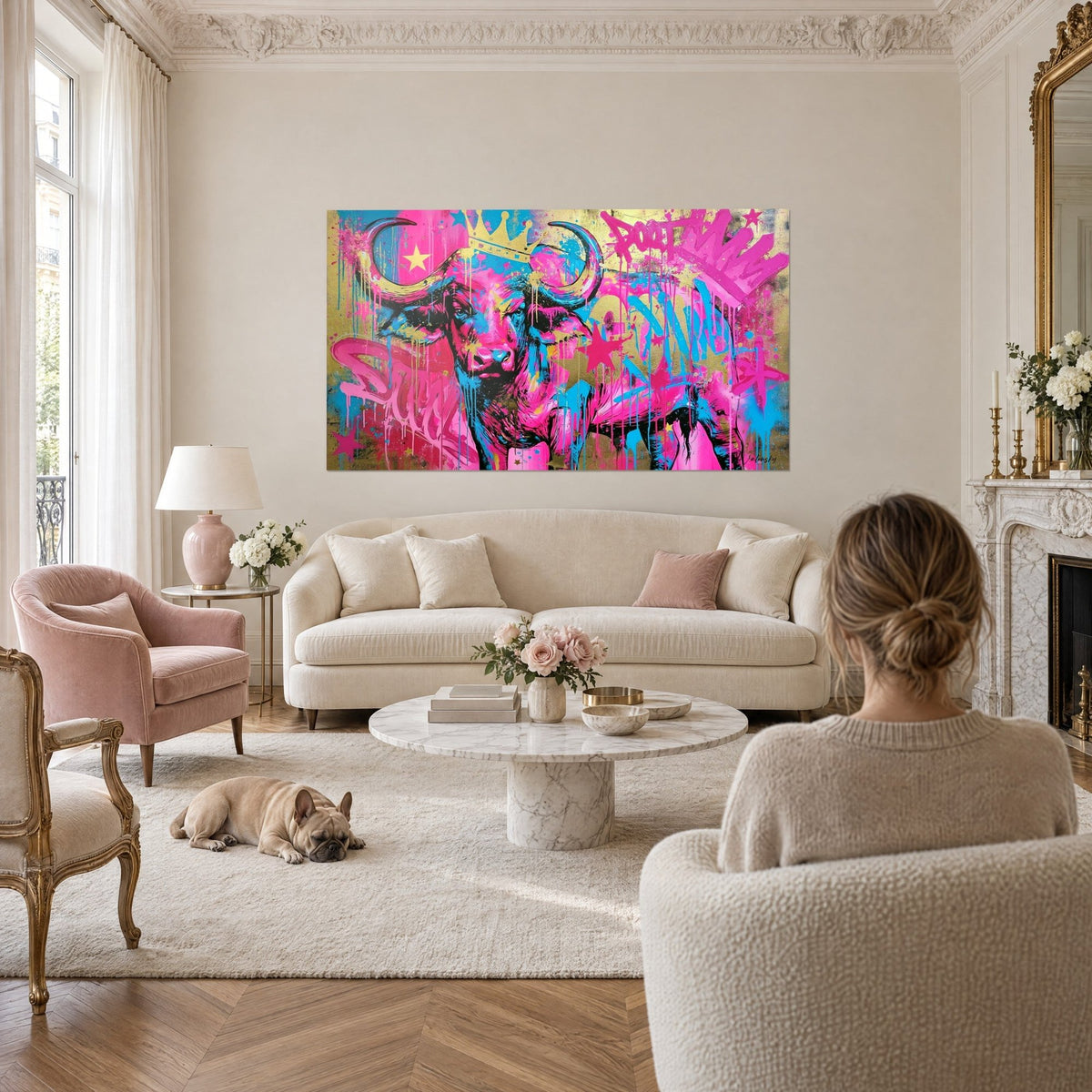 Tableau buffle couronné en graffiti rose fuchsia et turquoise, cornes dorées, face à une femme de dos, au-dessus d'un canapé dans un salon lumineux