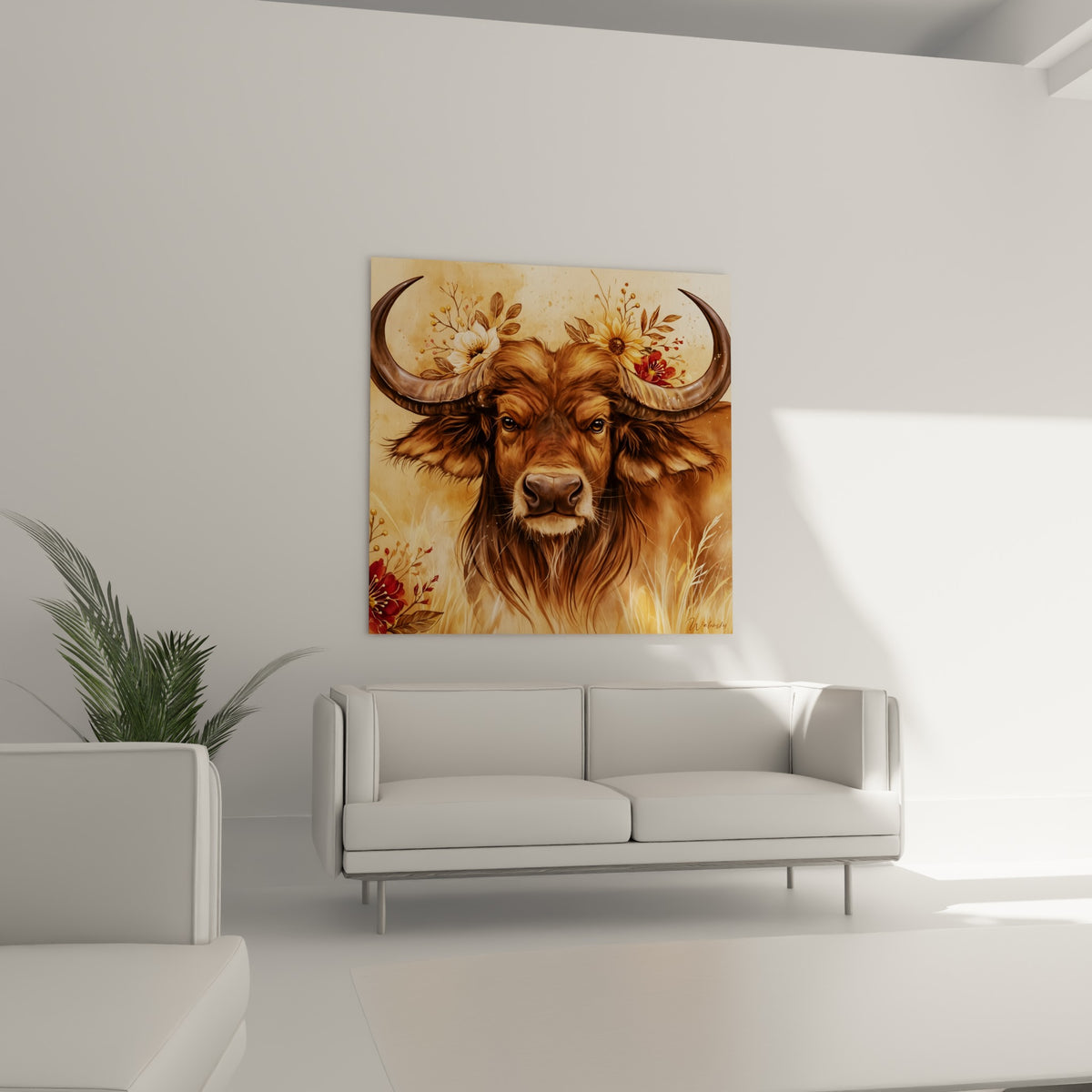 Cornes majestueuses du buffle ocre et bordeaux au-dessus d'un canapé dans un salon lumineux