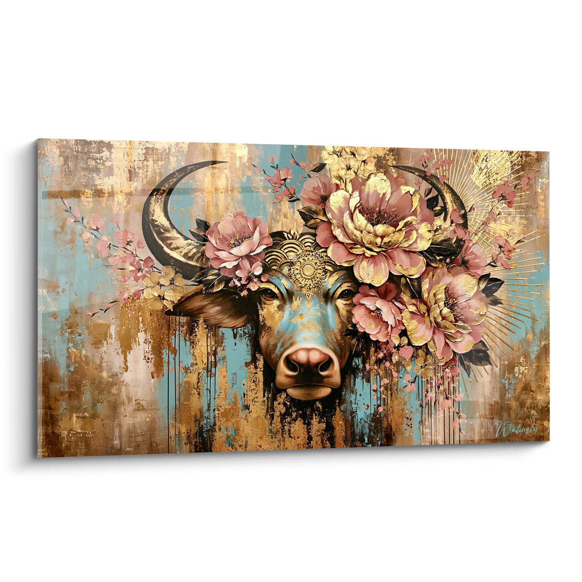 Buffle doré à la tête couronnée de pivoines roses et fond bleu turquoise patiné