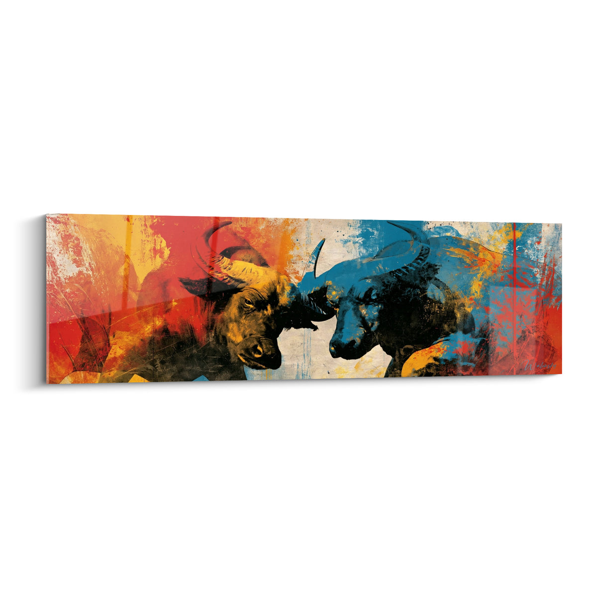 Buffles dorés et bleu marine face à face sur fond rouge éclaté, style graphique intense