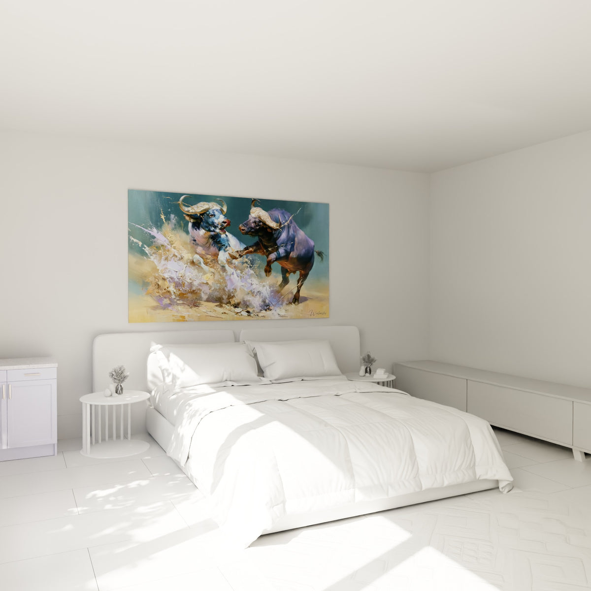 Duel de buffles fauves et gris-bleu figé en pleine charge, au-dessus d'un lit dans une chambre claire