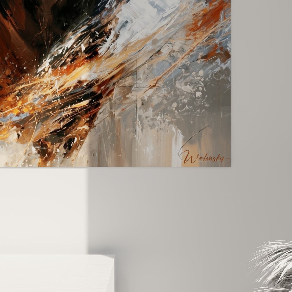 Empâtements blancs et coulures orangées se mêlant au pelage sombre du buffle, grain de la peinture visible de près