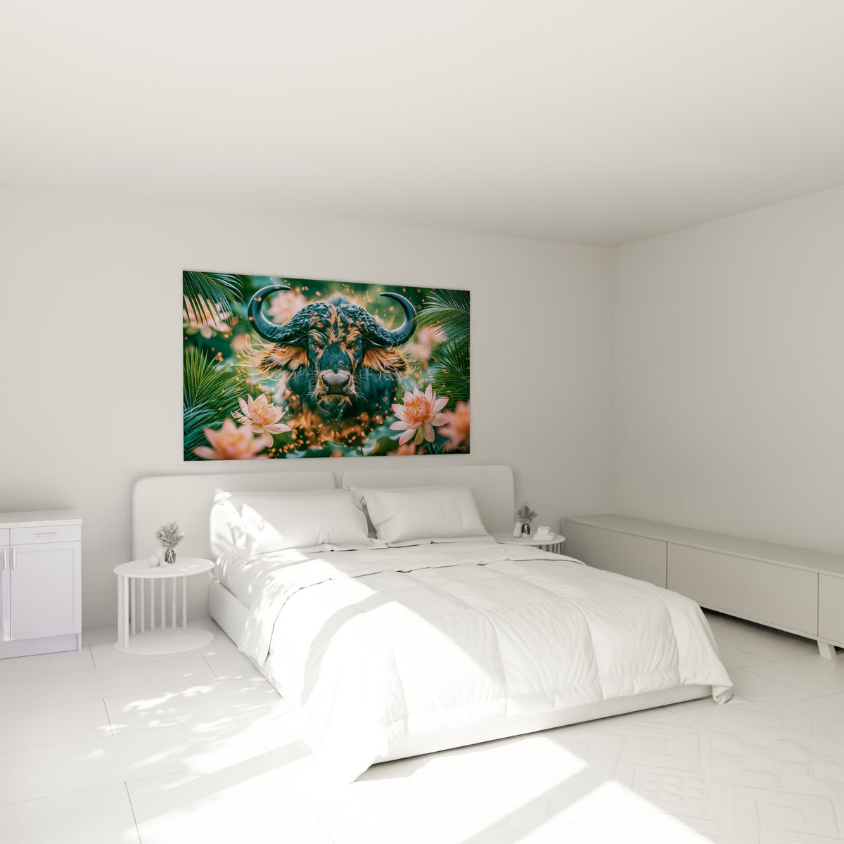 Regard intense du buffle fauve et anthracite au-dessus d'un lit dans une chambre claire