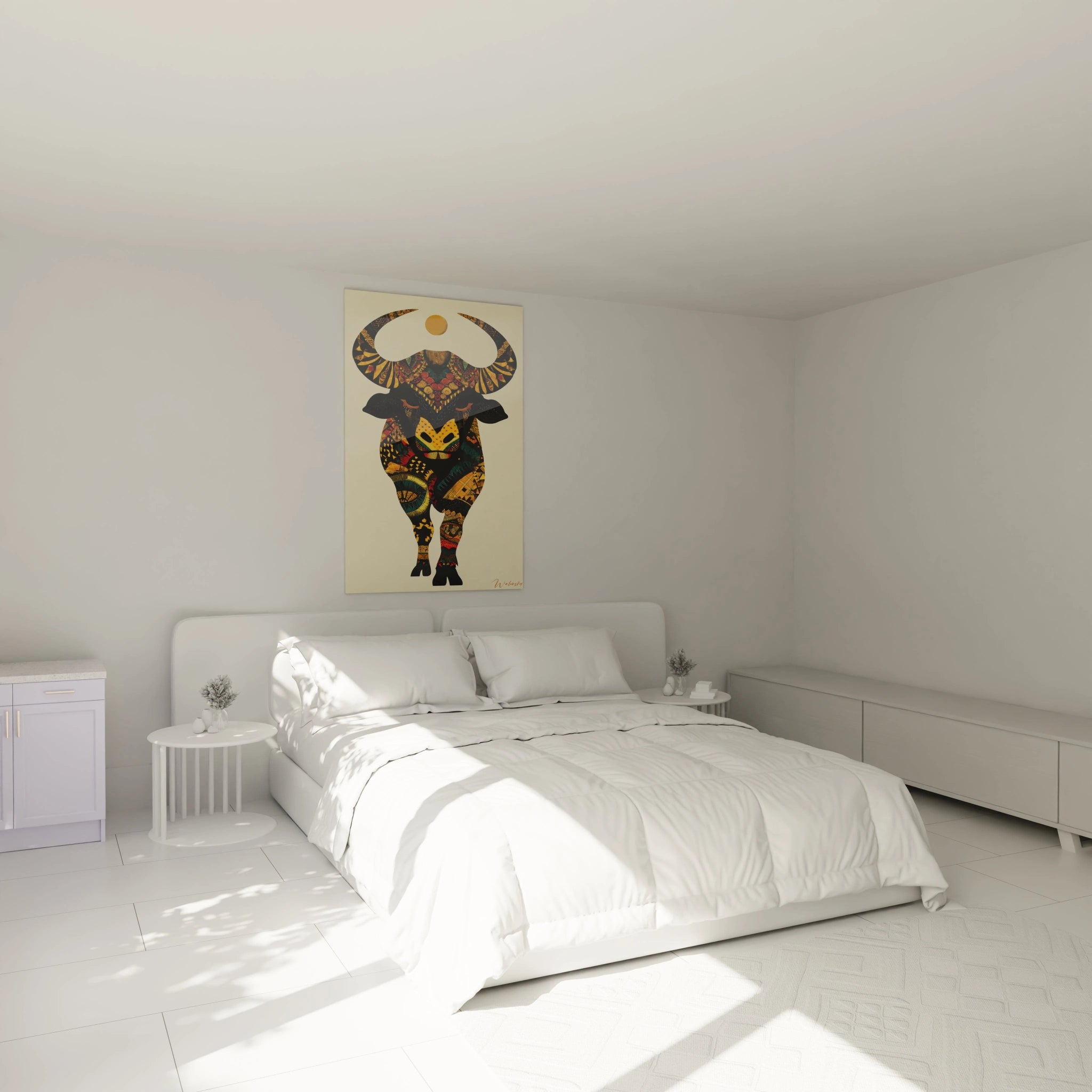 Chambre minimaliste blanche avec cadre Walensky montrant un tableau buffle art tribal au dessus du lit