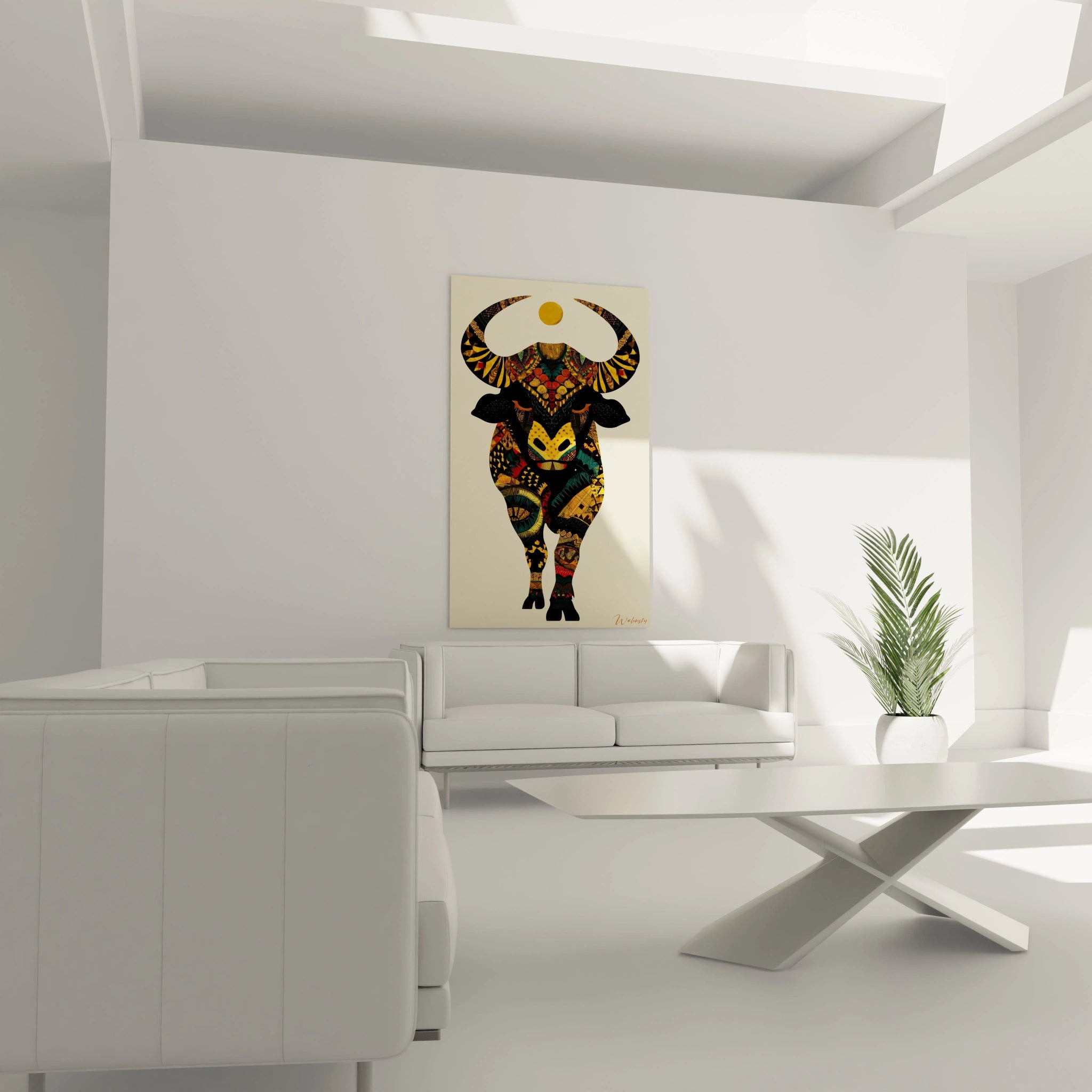 Tableau mural Walensky tableau buffle art tribal coloré accroché au dessus du canapé dans un salon minimaliste