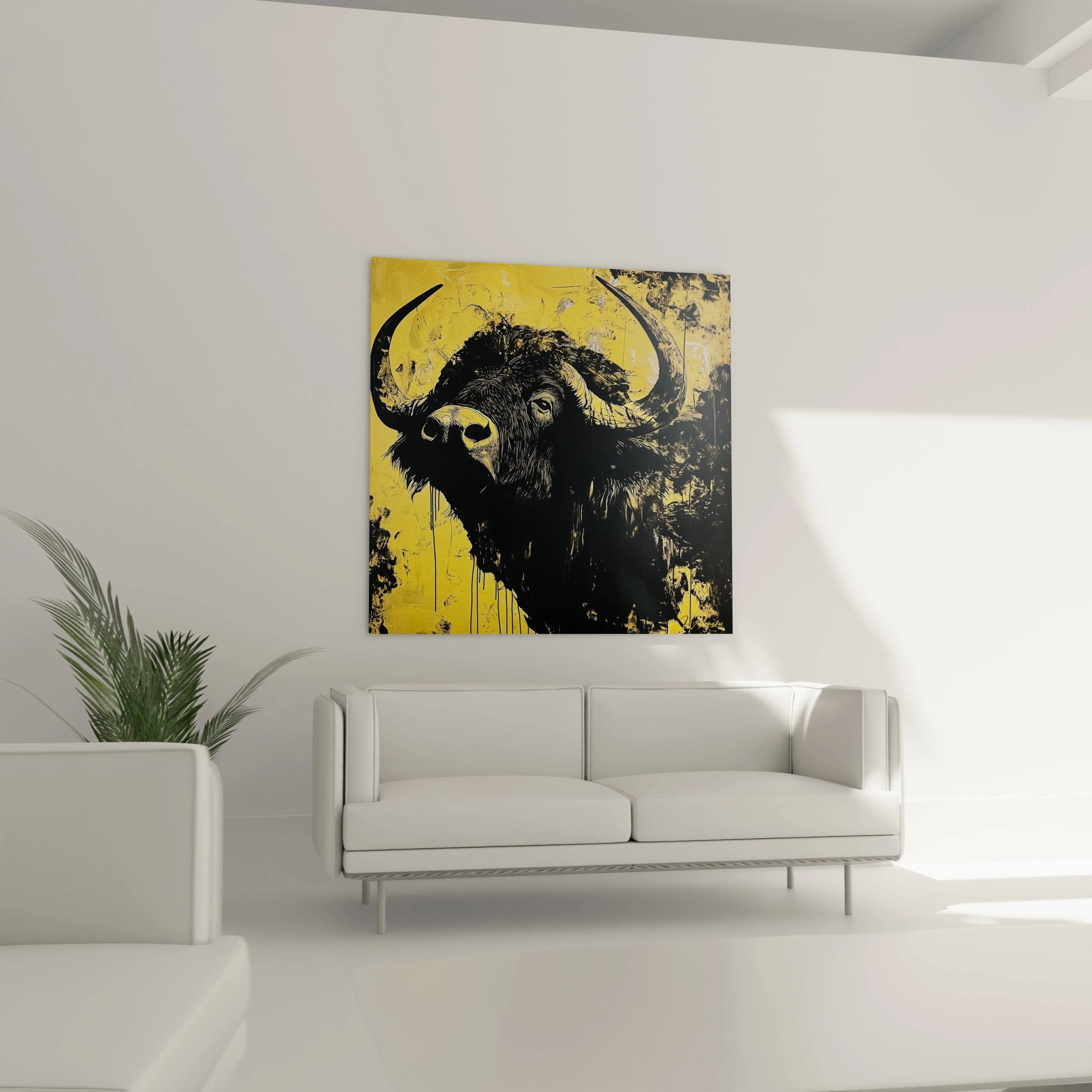 Tableau buffle Walensky moderne avec fond jaune accroché au-dessus d'un canapé blanc dans un salon lumineux