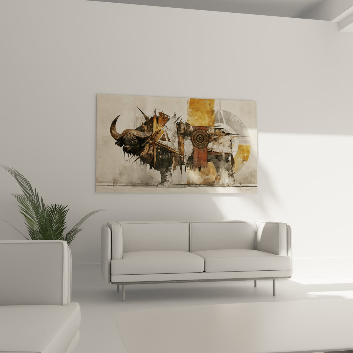 Silhouette rouille et anthracite du buffle, gravures circulaires dorées, au-dessus d'un canapé dans un salon lumineux
