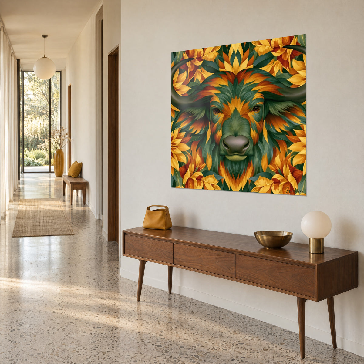 Schilderij bewakende stier met grijze snuit, bruin oog, saffraangele en oranje tropische bloemen, opgehangen aan een beige gangmuur
