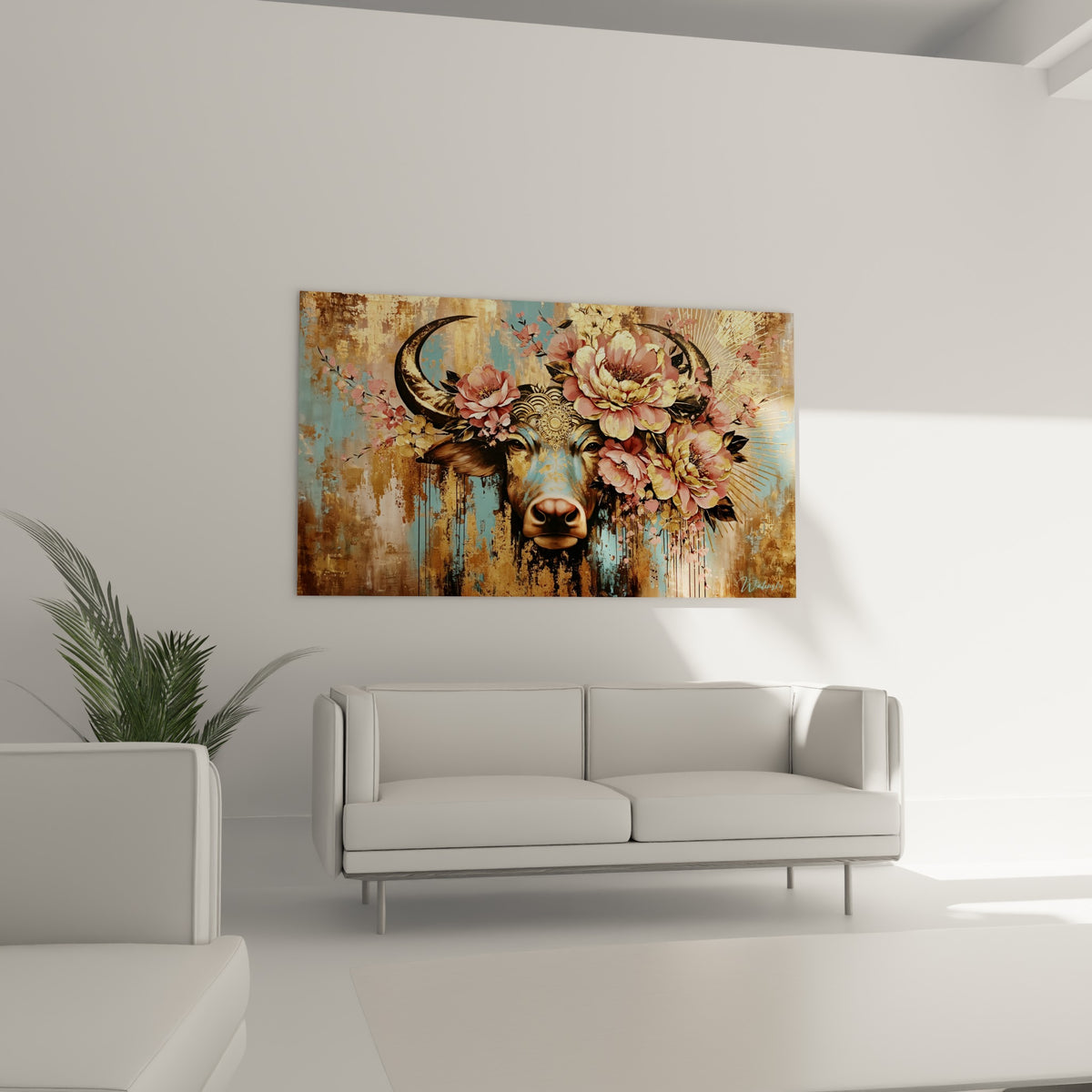 Museau rose et pelage fauve du buffle orné de pivoines dorées, au-dessus d'un canapé dans un salon lumineux