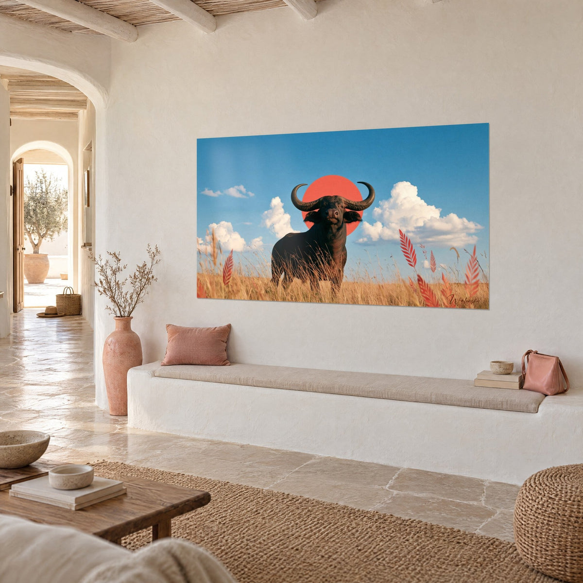 Quadro Bovino selvatico di fronte a noi, disco arancio-rossastro alle spalle, erba dorata e nuvole bianche, parete crema arrotondata