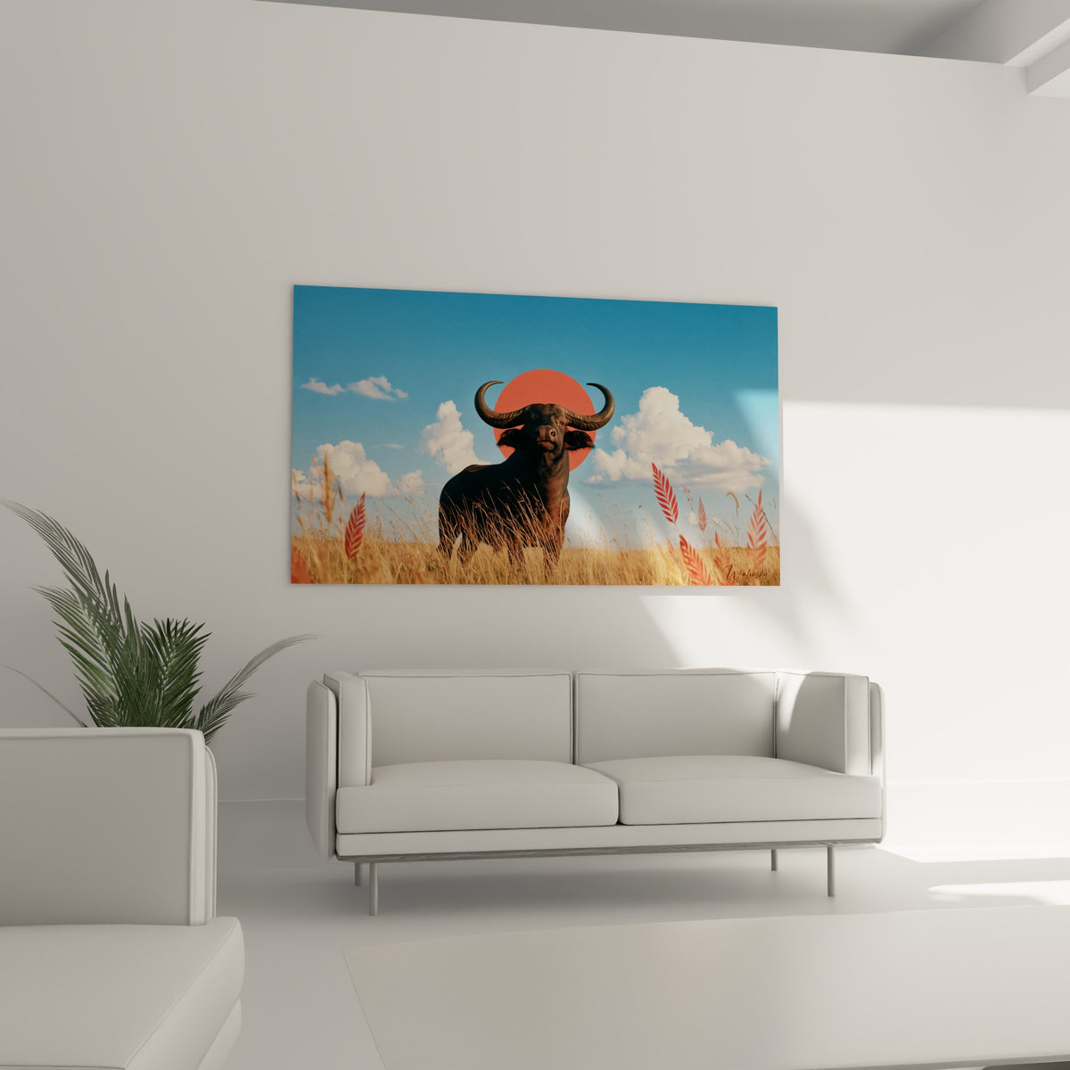 Regard fixe du buffle anthracite dans une savane bleue et dorée, au-dessus d'un canapé dans un salon lumineux