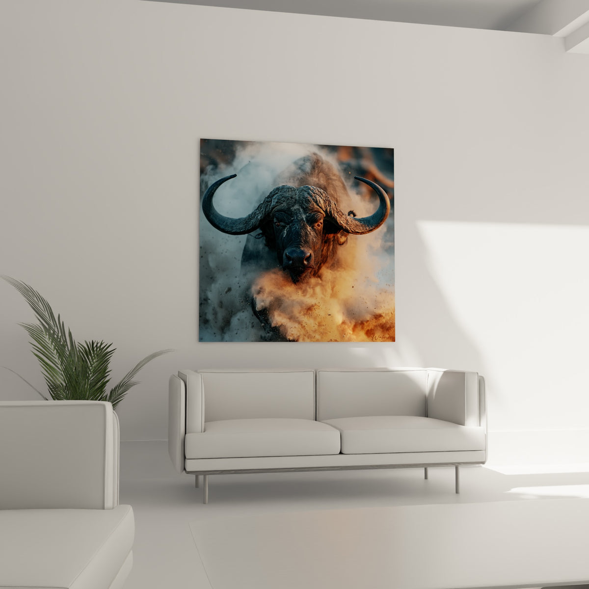 Le regard intense du buffle anthracite dans la poussière dorée orne un mur au-dessus d'un canapé dans un salon lumineux