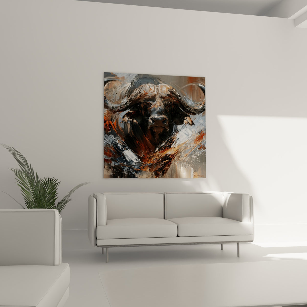 Regard perçant du buffle terracotta et anthracite, suspendu au-dessus d'un canapé dans un salon lumineux
