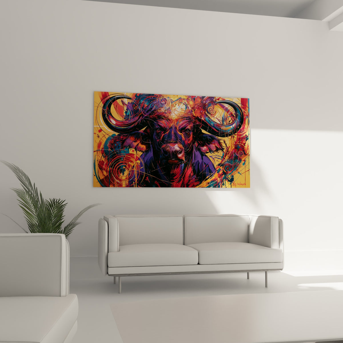 Tête de buffle sculptée en tons pourpre et rouge carmin, tableau placé au-dessus d'un canapé dans un salon lumineux