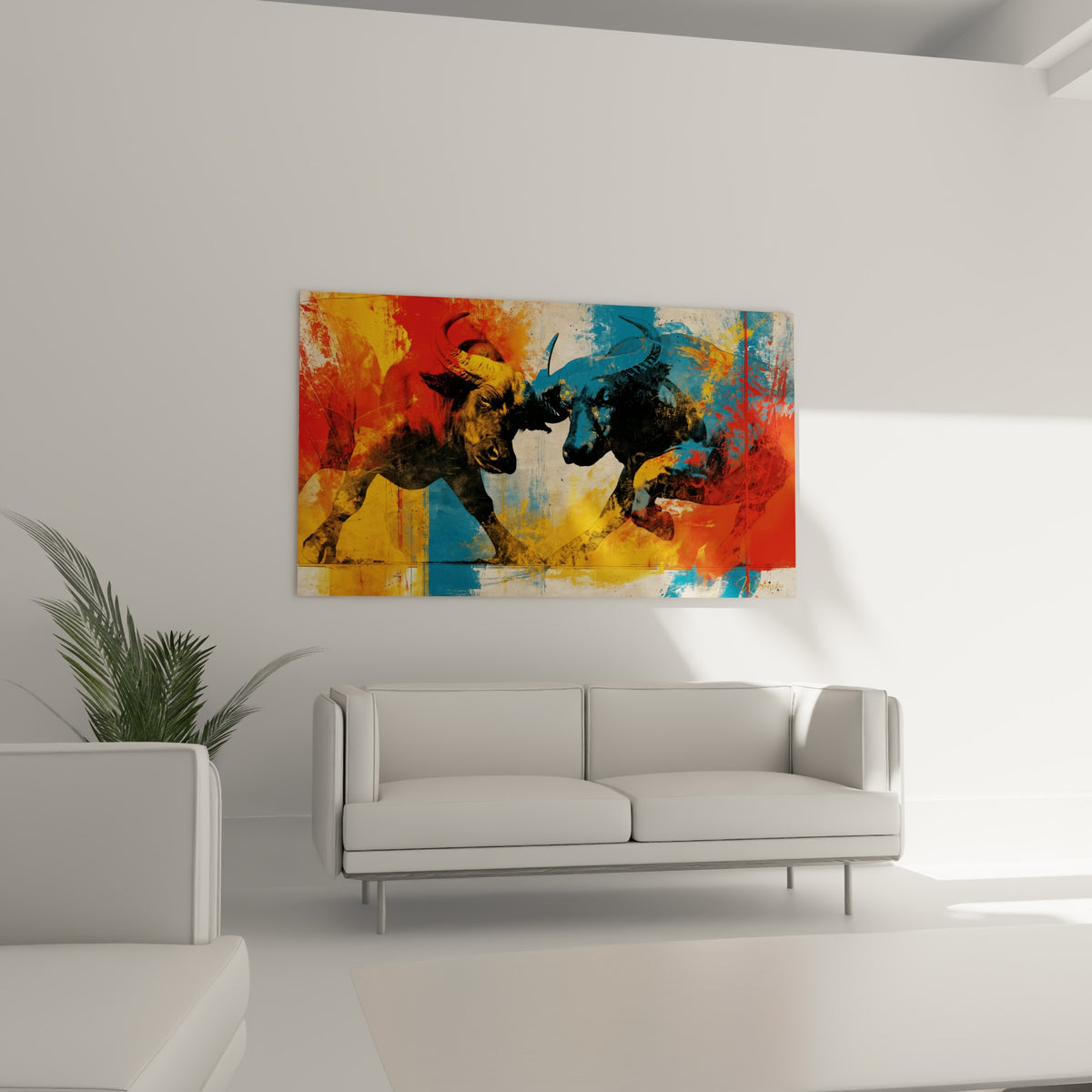 Silhouettes de buffles rouge et bleu marine en confrontation, au-dessus d'un canapé dans un salon lumineux