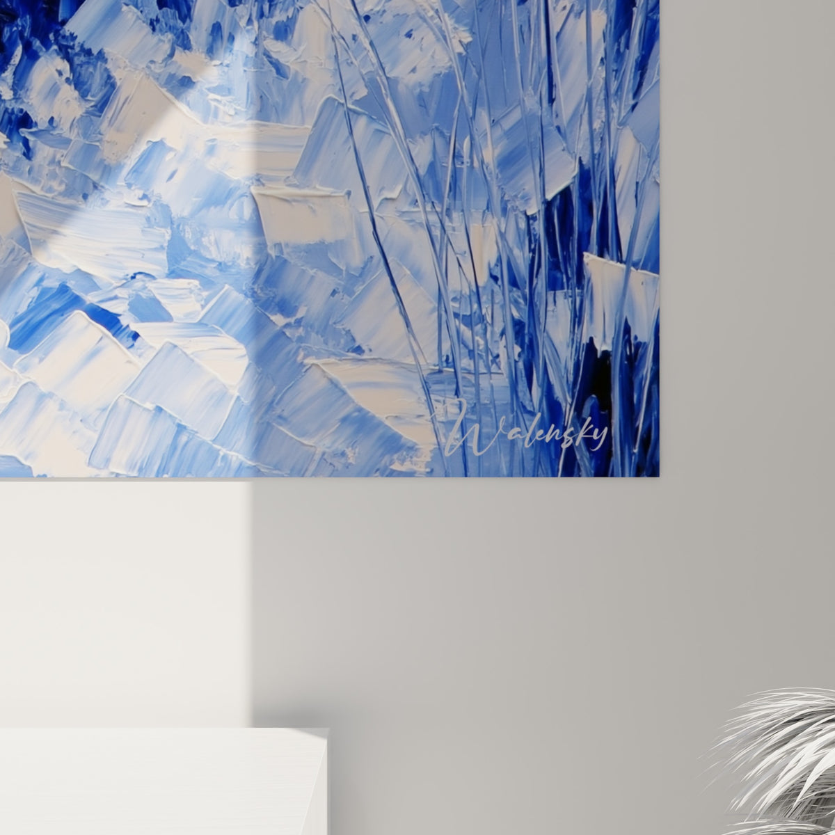 Empâtements bleu glacé et brun rouille se croisant en épaisses coulures de peinture au couteau